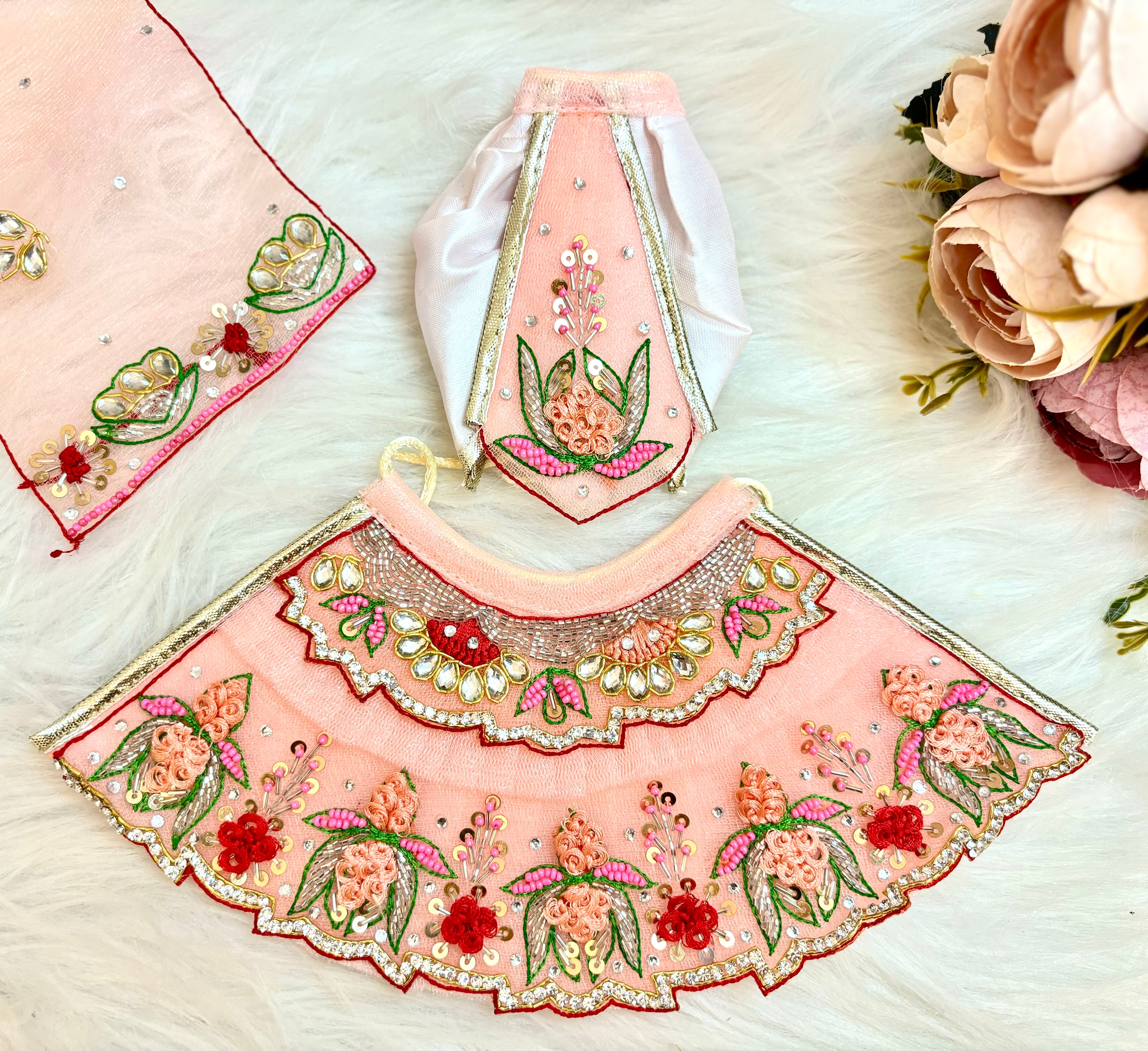Designer Peach Lotus Lehenga & Dhoti Set for Laddu Gopal - 6 Piece Kanha Ji Poshak, Bal Gopal Dress for Janmashtami Festival - Handmade Fancy Outfit