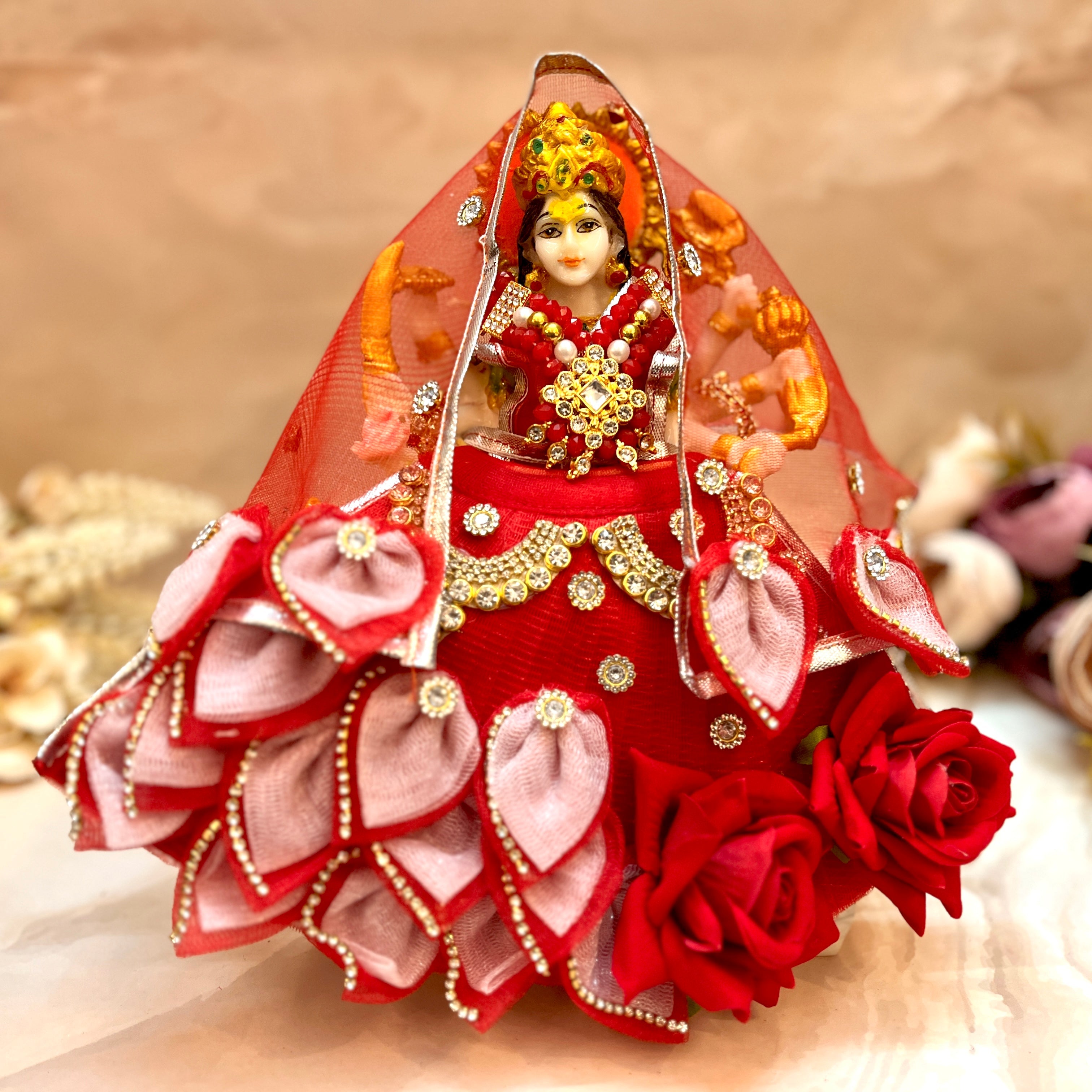 Handmade Mata Rani Red Rose Lehenga Set - 3 Piece Choli & Dupatta for Laddu Gopal Dress, Kanha Ji Poshak, Bal Gopal & Krishna Ji Dress - Perfect for Janmashtami Festival