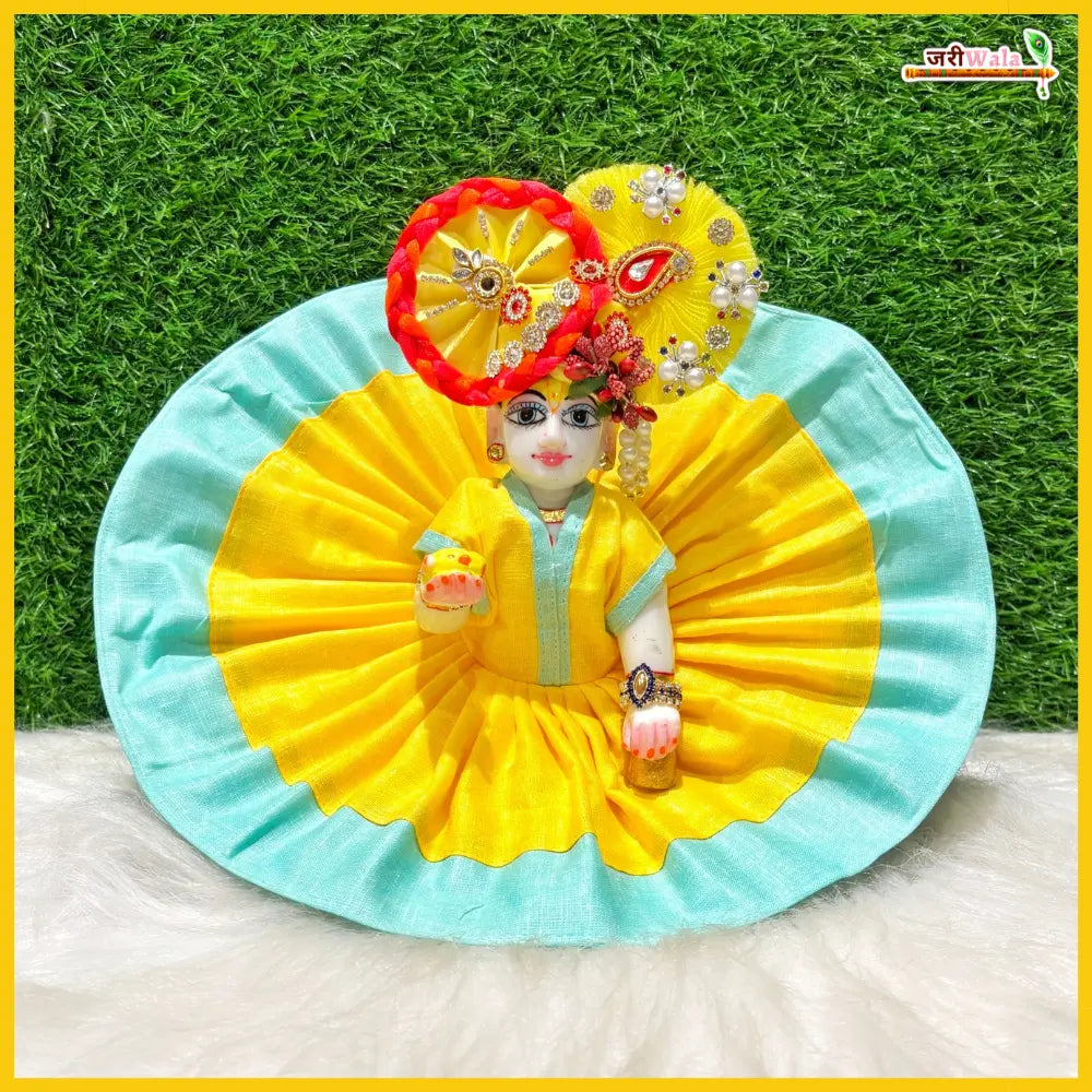 Handmade Designer Laddu Gopal Dress in Plain Yellow & Sea Green - Fancy Kanha Ji Poshak for Janmashtami Celebrations, Bal Gopal & Krishna Ji Dress