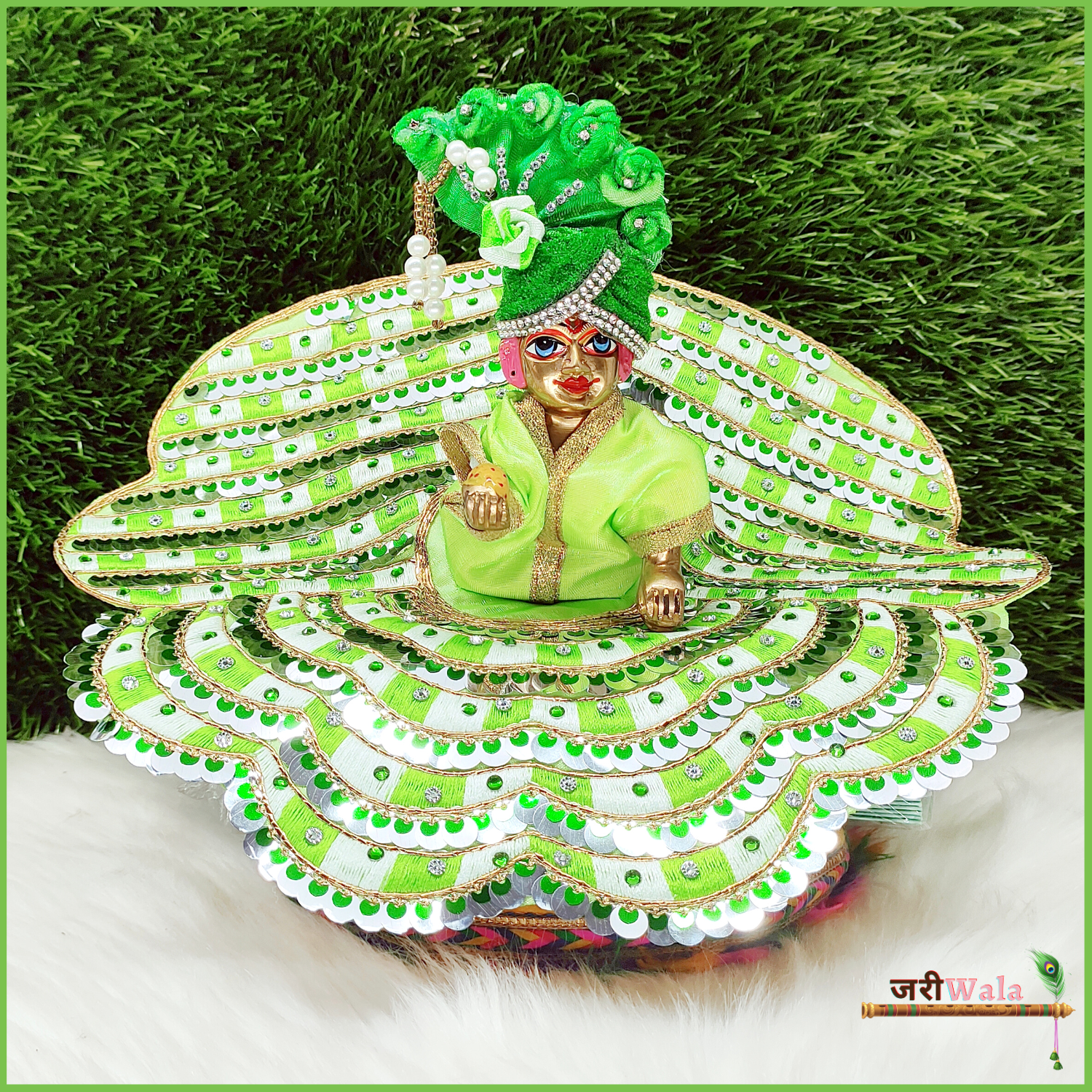Handmade Blended Thread Parrot Green Laddu Gopal Dress | Designer Kanha Ji Poshak for Janmashtami | Fancy Bal Gopal & Krishna Ji Dress