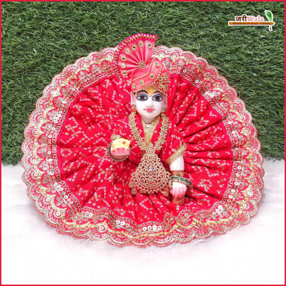 Handmade Cotton Chunri Lace Thread Sitara Work Red Laddu Gopal Dress | Designer Kanha Ji Poshak for Janmashtami | Fancy Bal Gopal & Krishna Ji Dress