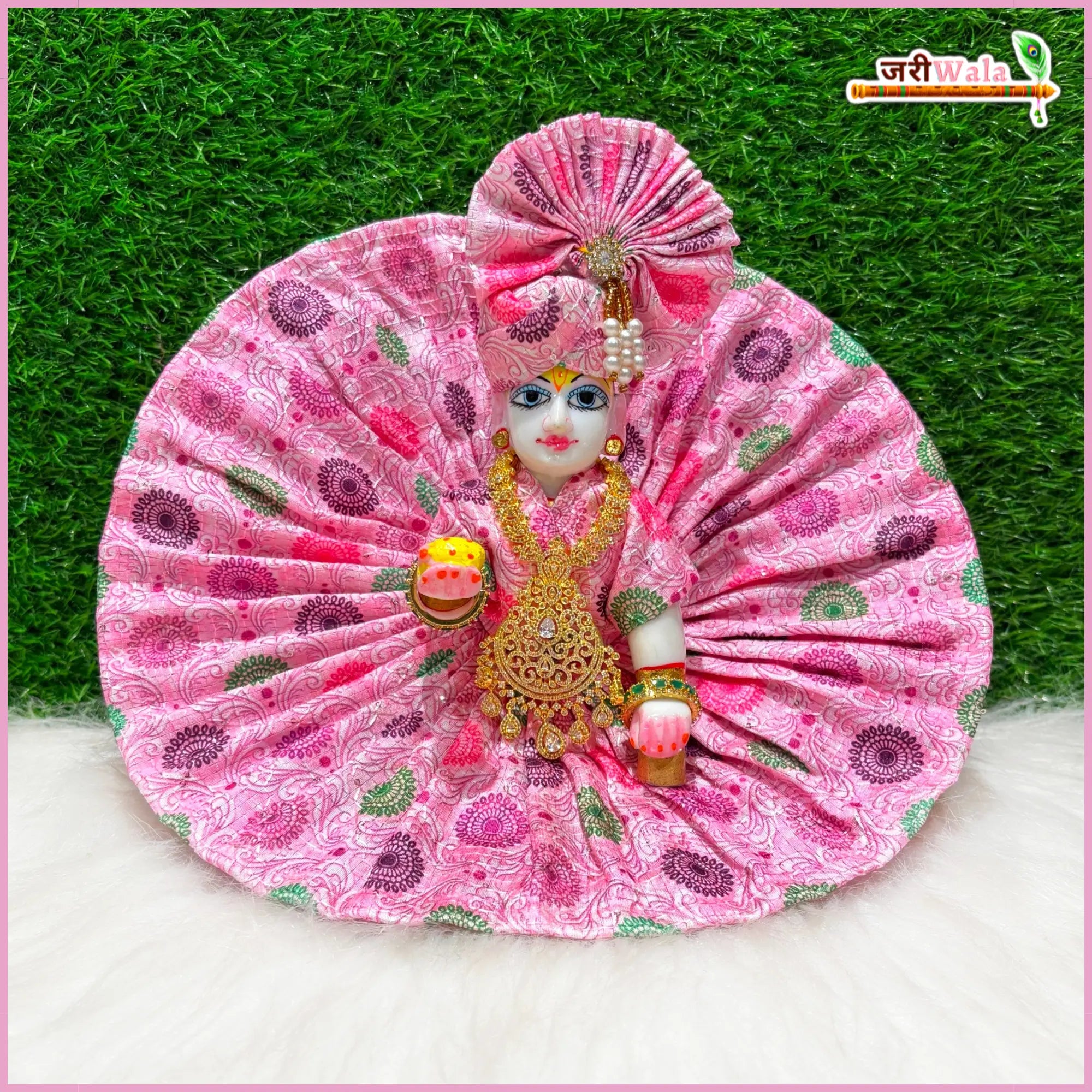 Handmade Baby Pink Blended Cotton Laddu Gopal Poshak with Pagdi - Designer Kanha Ji Dress for Janmashtami, Fancy Bal Gopal Dress