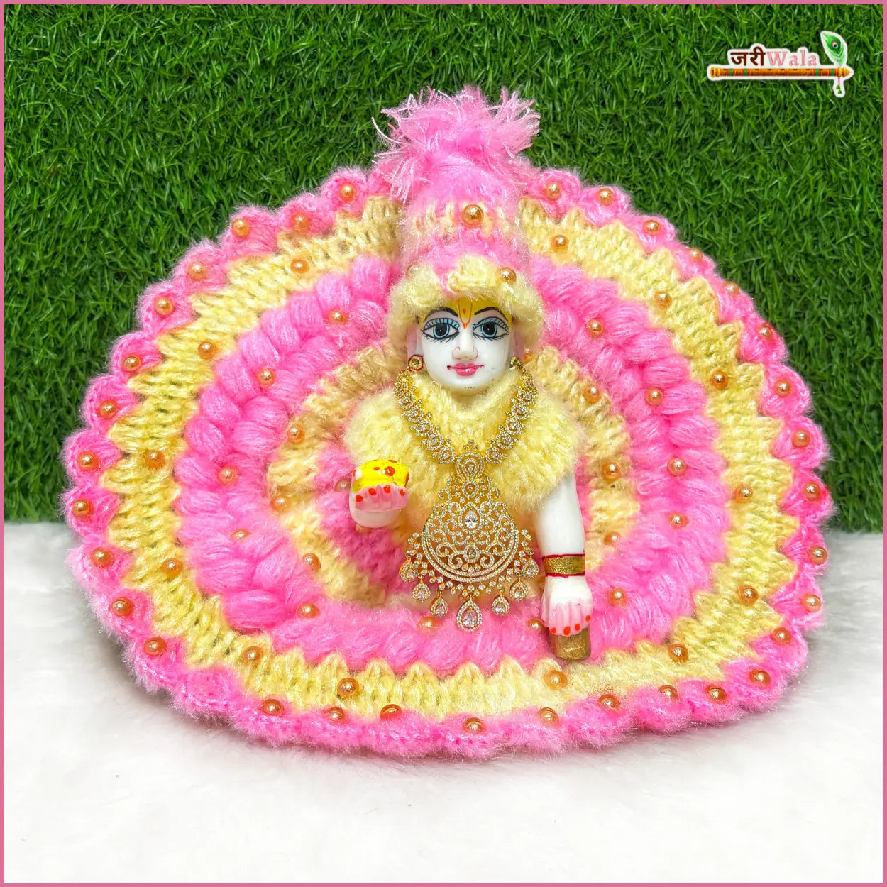 Handmade Woolen Fancy Baby Pink & Cream Laddu Gopal Dress | Designer Kanha Ji Poshak for Janmashtami | Bal Gopal & Krishna Ji Dress