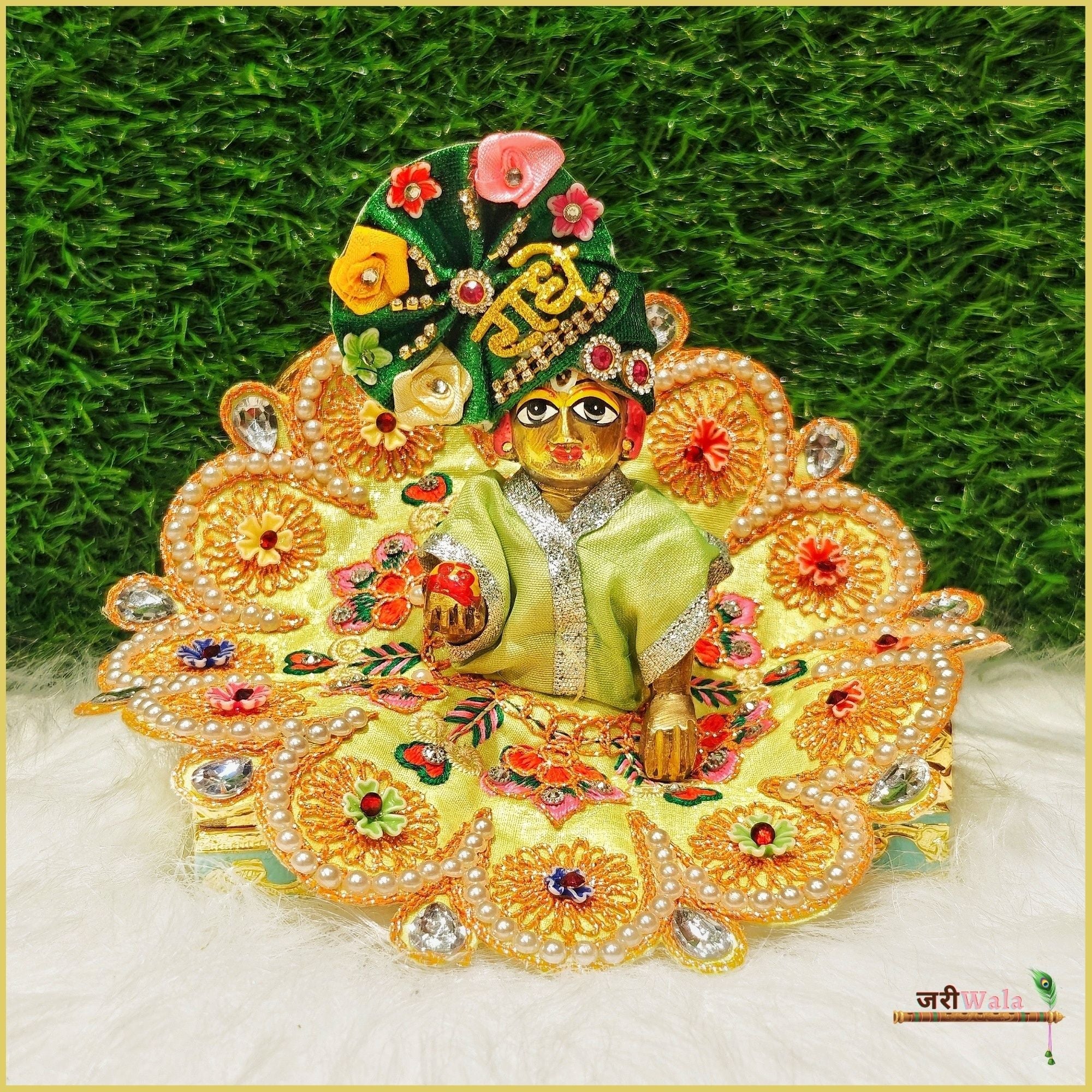 Handmade Light Green Laddu Gopal Dress with Moti Stone Work | Designer Kanha Ji Poshak for Janmashtami | Fancy Bal Gopal Dress