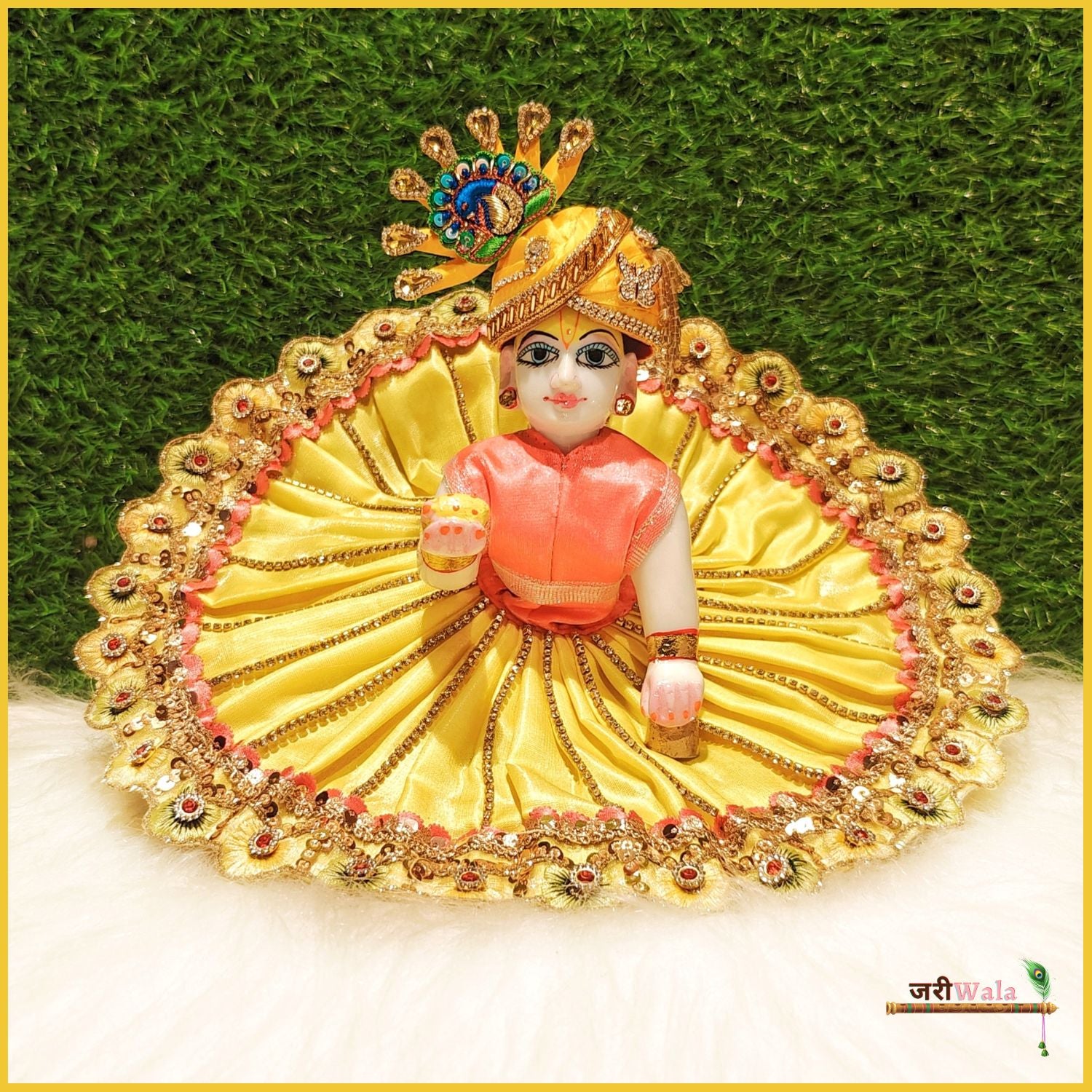 Handmade Designer Yellow Laddu Gopal Dress with Blended Lace Jarkan Work & Patka - Perfect for Janmashtami, Bal Gopal & Kanha Ji Poshak