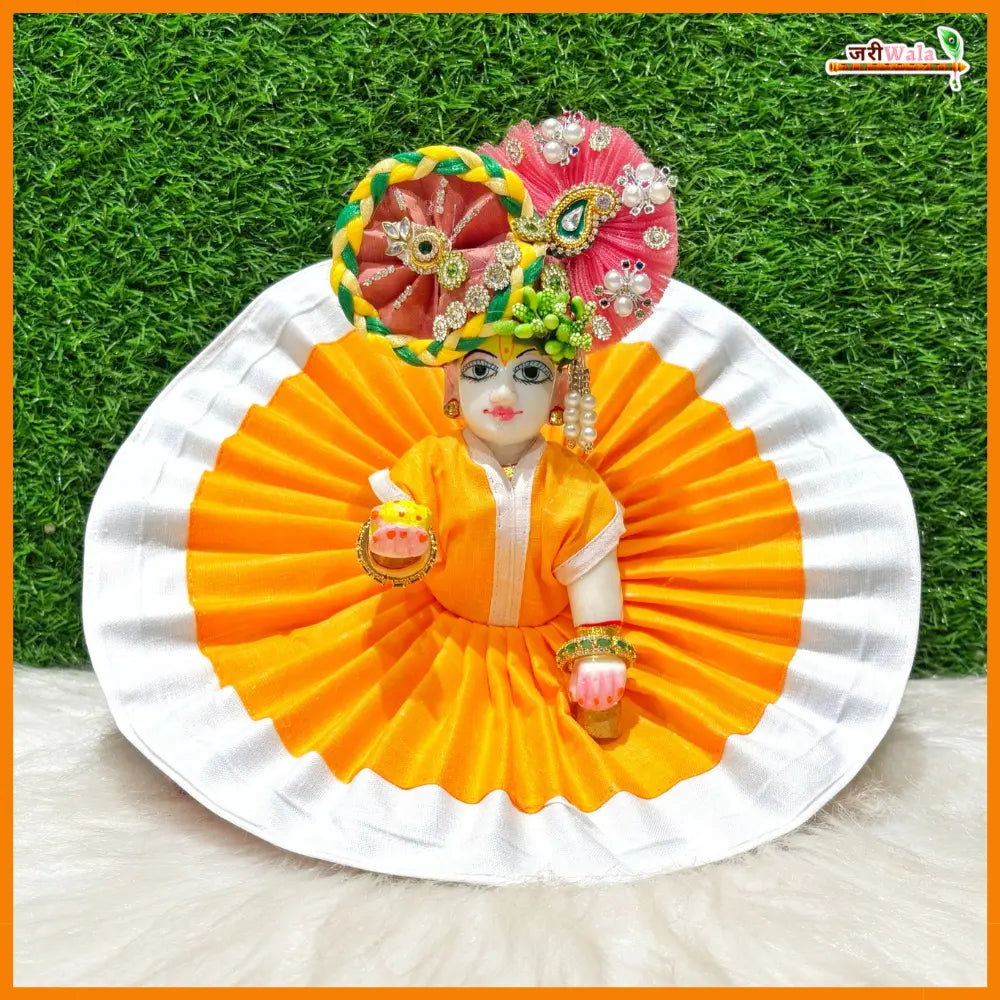 Handmade Designer Coton Orange & White Laddu Gopal Poshak - Fancy Bal Gopal Dress for Janmashtami & Festivals | Kanha Ji Dress