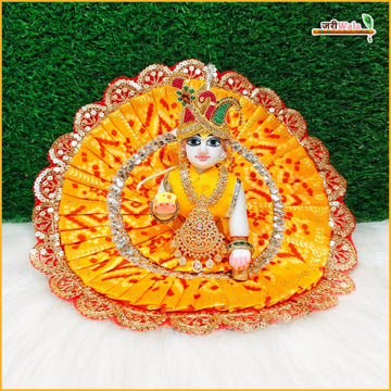Handmade Bandhej Lace Work Yellow Laddu Gopal Dress with Patka - Designer Kanha Ji Poshak for Janmashtami, Fancy Bal Gopal Outfit