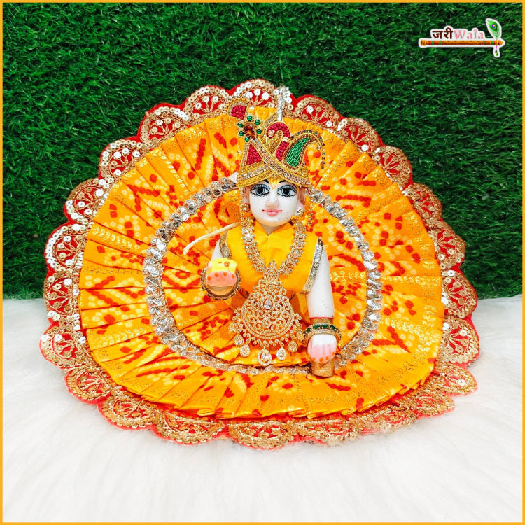 Handmade Bandhej Lace Work Yellow Laddu Gopal Dress with Patka - Designer Kanha Ji Poshak for Janmashtami, Fancy Bal Gopal Outfit