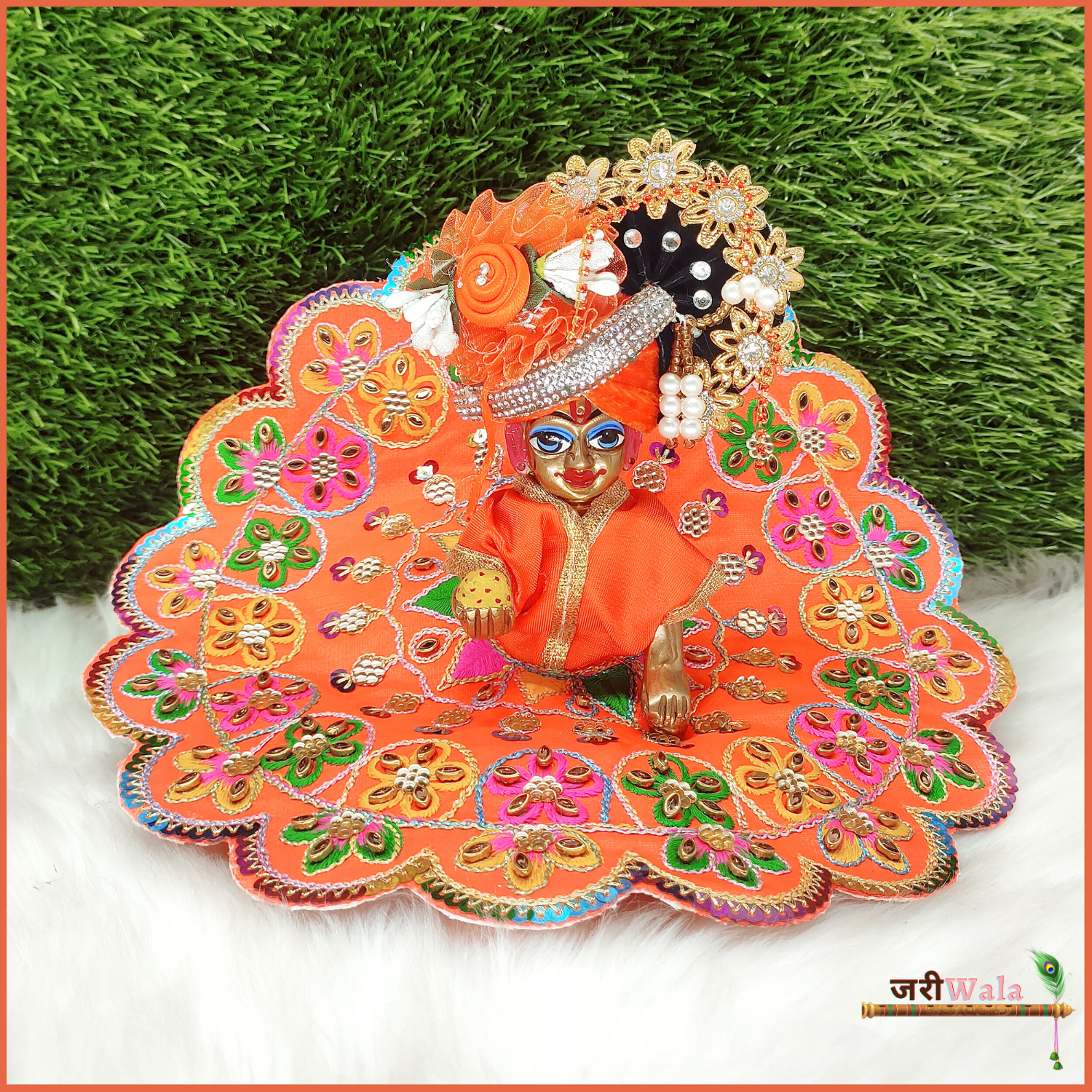 Handmade Orange Laddu Gopal Dress with Blended Thread Kundan Work | Fancy Kanha Ji Poshak for Janmashtami & Festivals | Designer Bal Gopal Dress