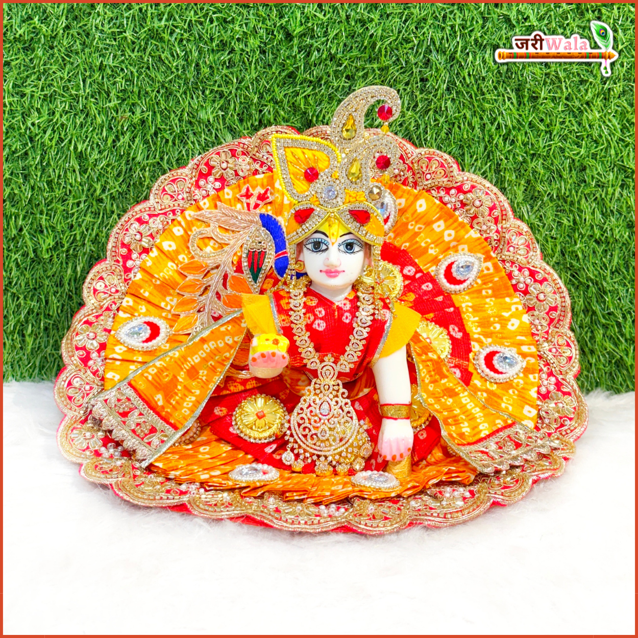 Handmade Multicolor Cotton Frill Bandhej Poshak for Laddu Gopal | Designer Kanha Ji Dress with Moti Cutdana Work | Perfect for Janmashtami Celebrations