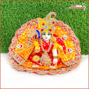 Handmade Multicolor Cotton Frill Bandhej Poshak for Laddu Gopal | Designer Kanha Ji Dress with Moti Cutdana Work | Perfect for Janmashtami Celebrations