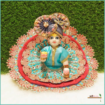 Handmade Light Blue & Red Designer Frill Thread Lace Work Laddu Gopal Dress | Fancy Kanha Ji Poshak for Janmashtami & Festivals