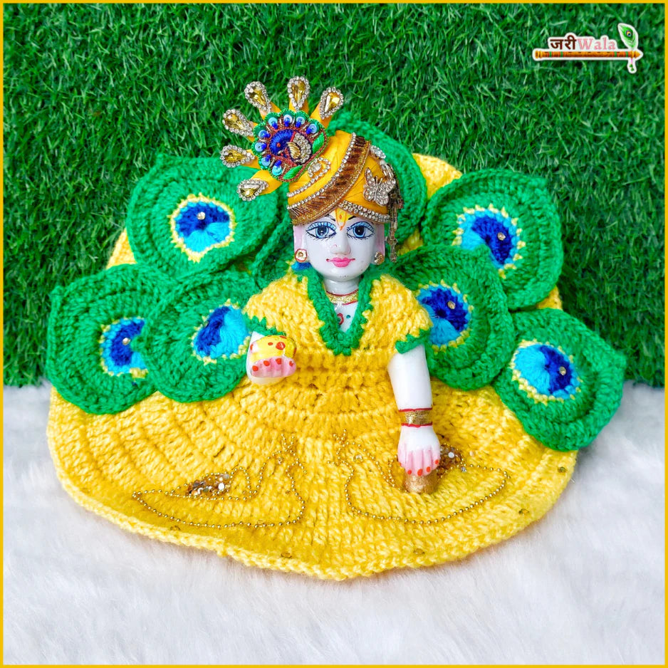 Handmade Woolen Fancy Morpankh Poshak in Yellow & Green for Laddu Gopal | Designer Kanha Ji Dress for Janmashtami & Festivals