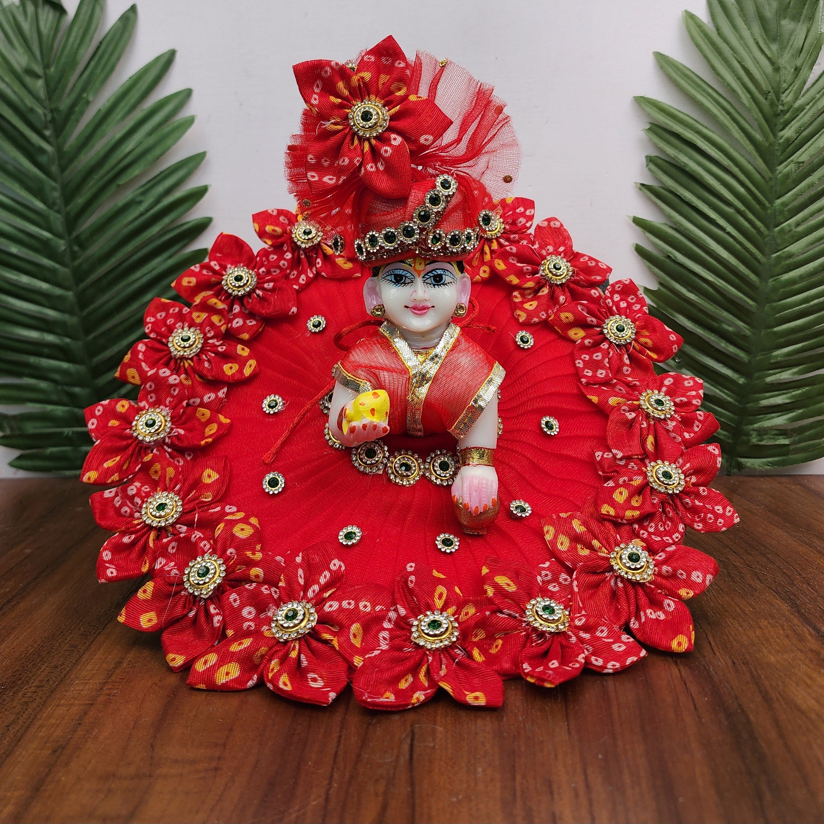 Handmade Red Bhandhej Border Dress with Pagdi for Laddu Gopal Ji | Designer Kanha Ji Poshak | Fancy Bal Gopal Dress for Janmashtami