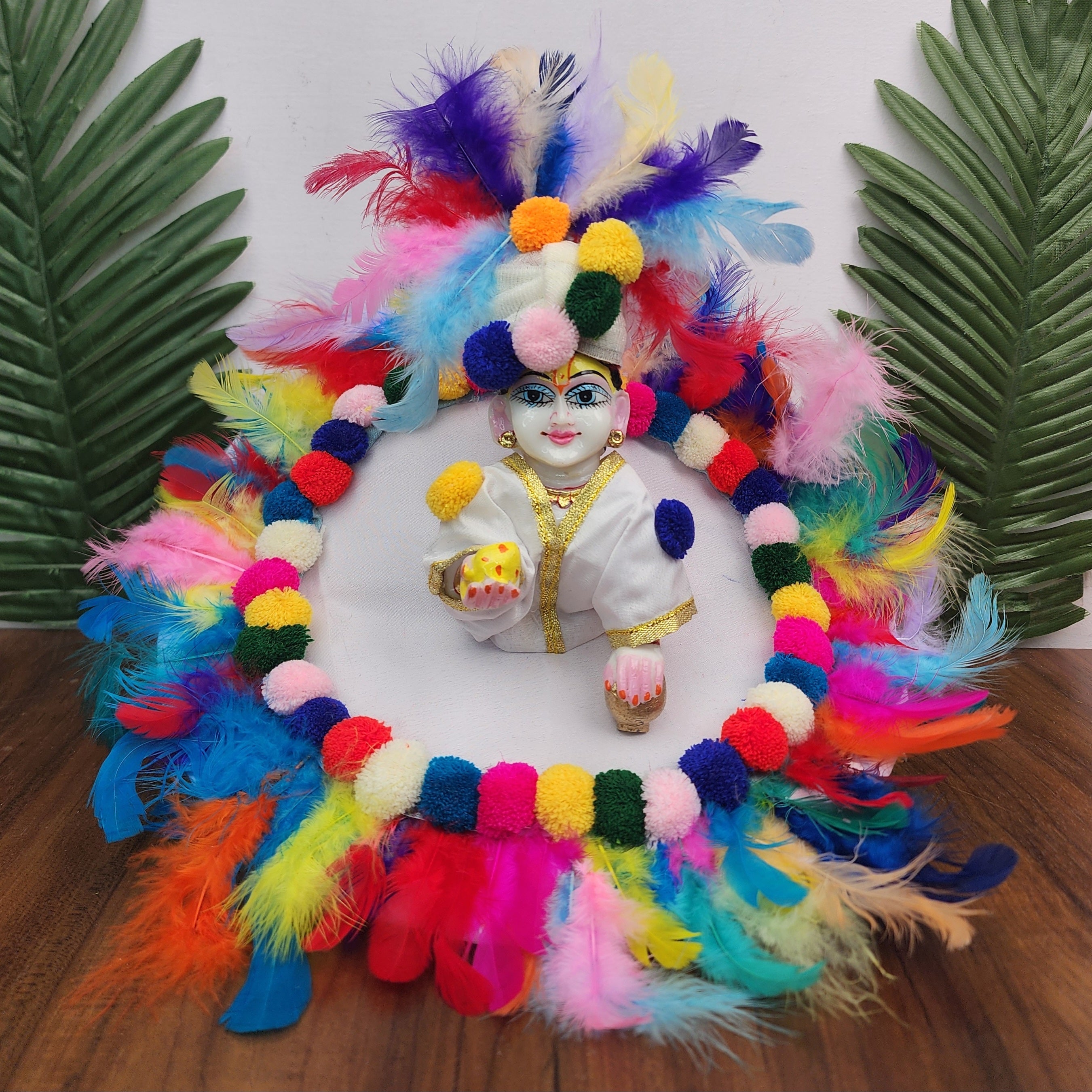 Handmade Laddu Gopal Dress with Plain Base Feather Design & Pagdi - Designer Kanha Ji Poshak for Janmashtami, Fancy Bal Gopal & Krishna Ji Dress