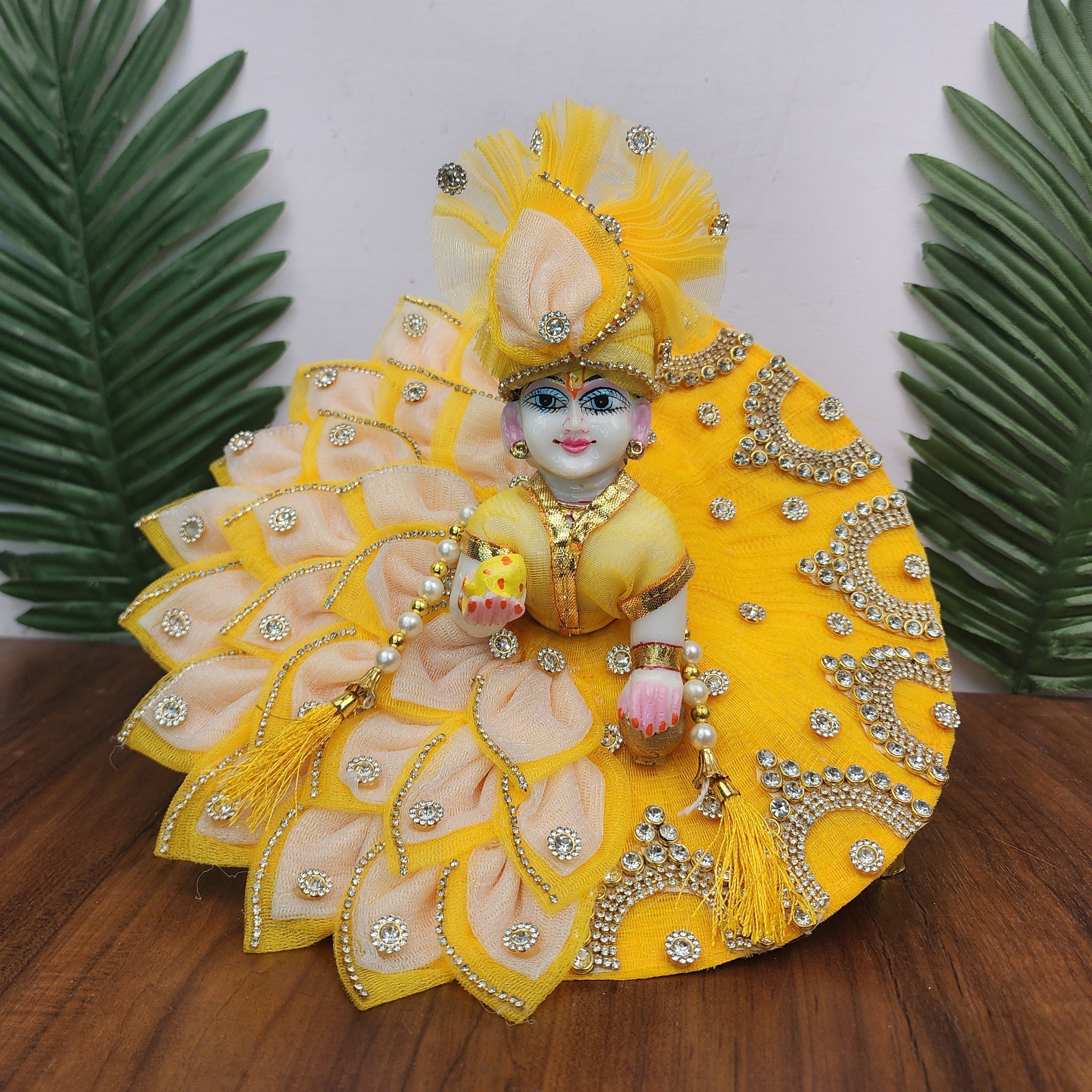 Handmade Beautiful Yellow Leaf Haar Design with Pagdi & Patka - Designer Laddu Gopal Dress, Kanha Ji Poshak for Janmashtami Celebration