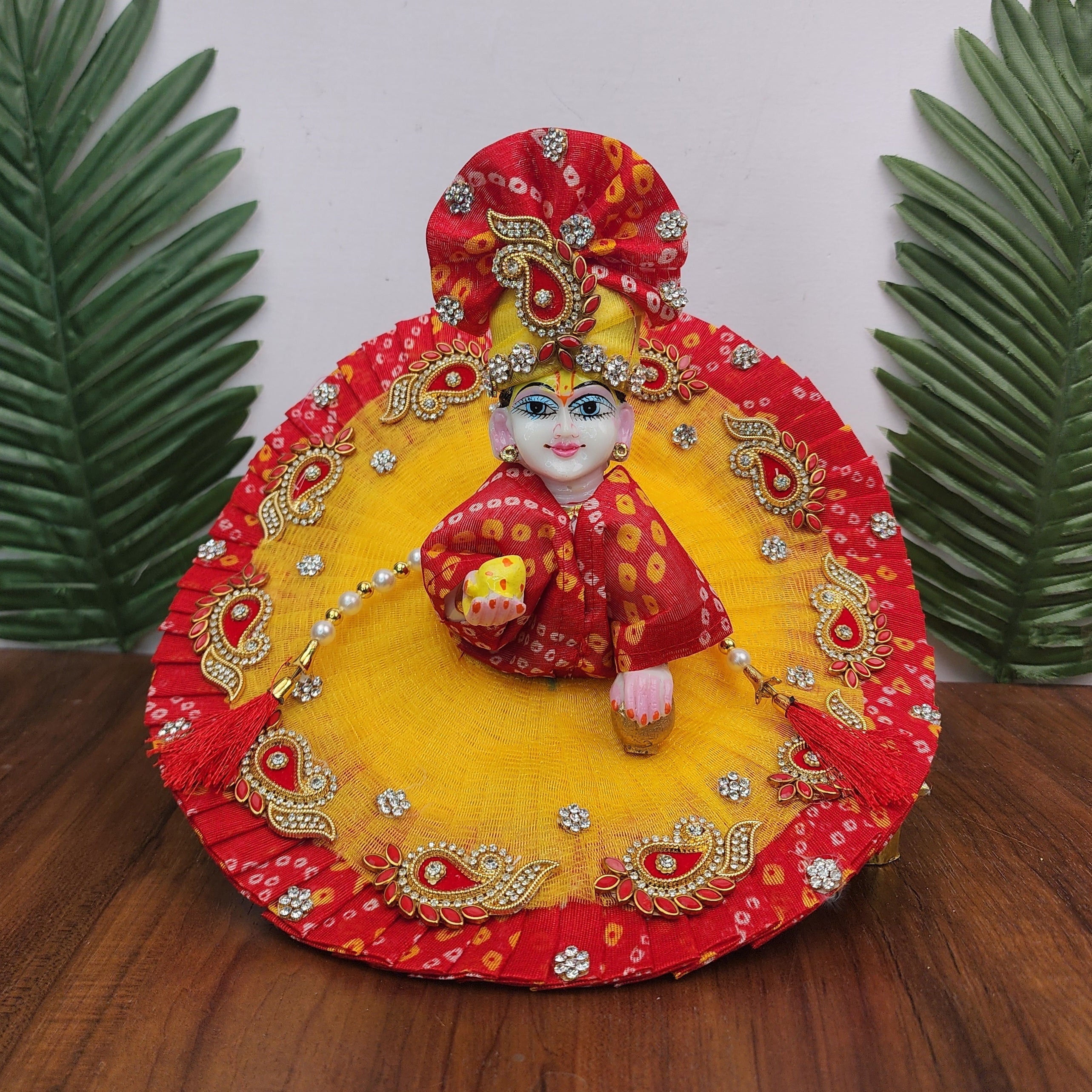 Handmade Red and Yellow Bandhej Heavy Dress with Pagdi and Patka - Designer Laddu Gopal Dress for Janmashtami, Kanha Ji Poshak, Bal Gopal Fancy Dress