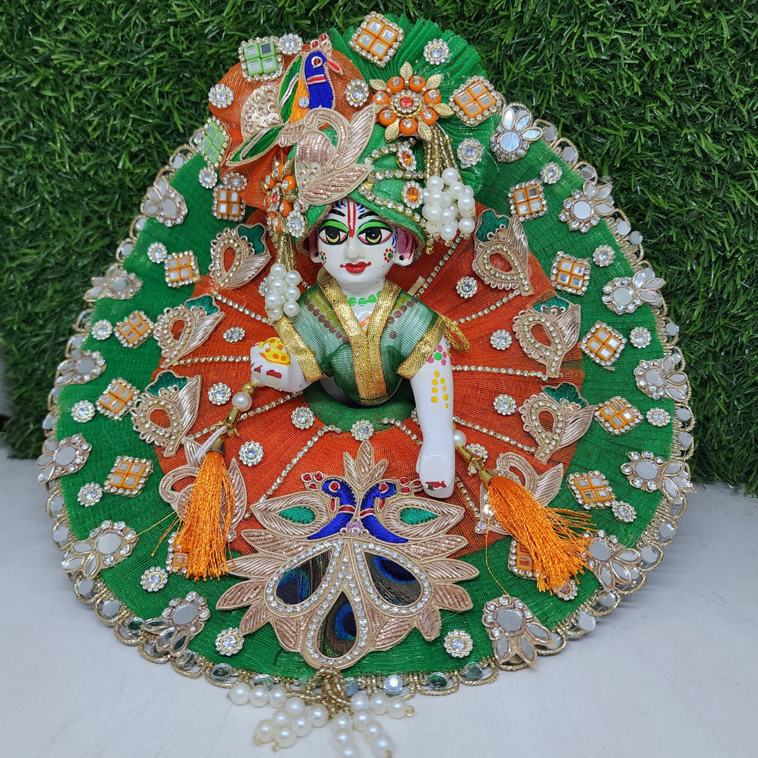 Designer Green-Orange Double Frill Laddu Gopal Dress | Fancy Kanha Ji Poshak for Janmashtami, Holi & Diwali | Size 0-6 | Unique Bal Gopal Dress