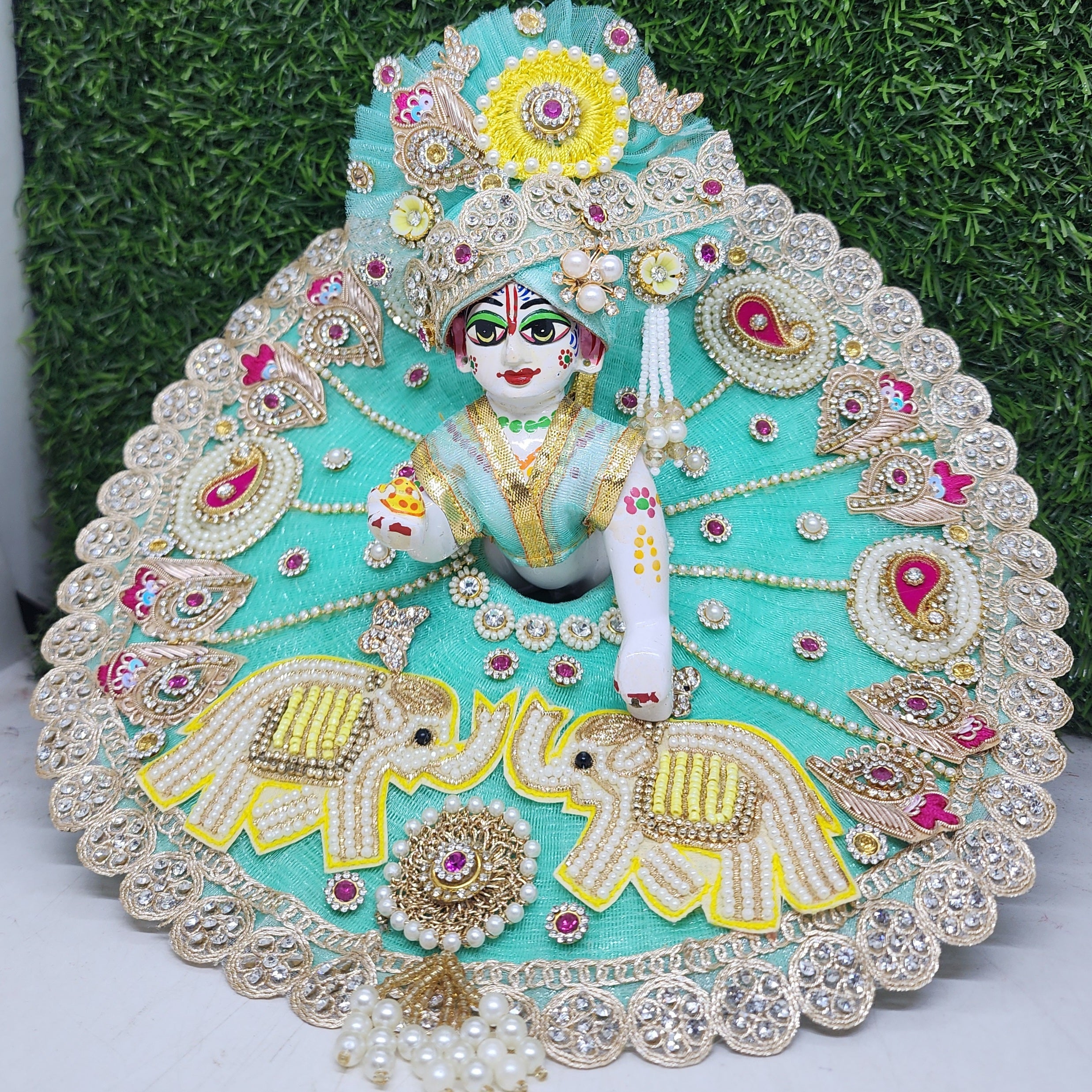 Designer Sea Green Heavy Laddu Gopal Dress | Kanha Ji Poshak for Festivals | Fancy Bal Gopal Dress for Janmashtami (Size 0-6)