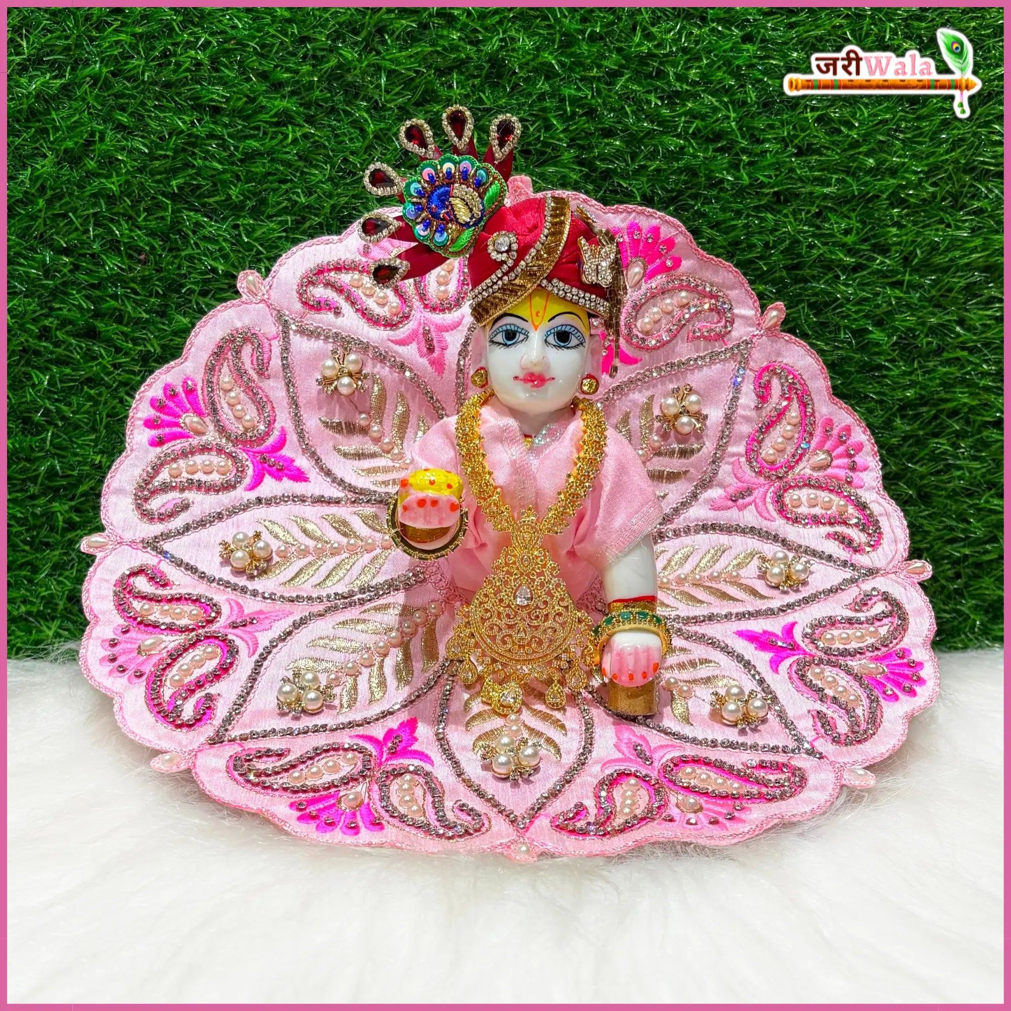 Handmade Baby Pink Laddu Gopal Dress with Jarkan Moti Work | Designer Kanha Ji Poshak for Janmashtami | Fancy Bal Gopal Dress