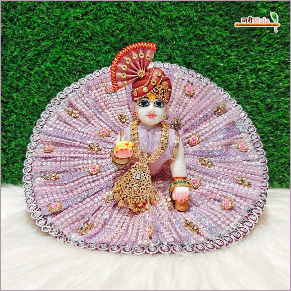 Handmade Lavender Blended Frill Net Laddu Gopal Dress with Kundan Work - Designer Kanha Ji Poshak for Janmashtami & Festivals