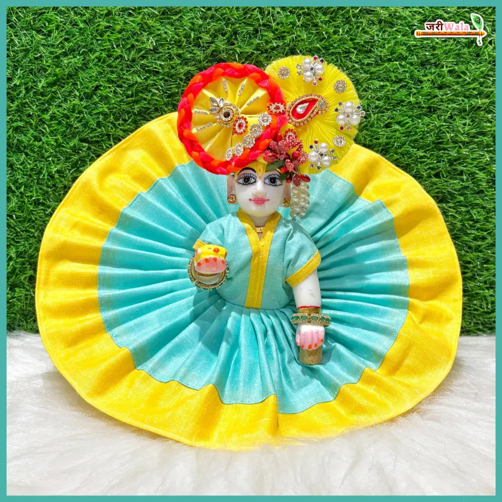 Handmade Sea Green & Yellow Laddu Gopal Poshak - Designer Bal Gopal Dress for Janmashtami, Fancy Krishna Ji Dress, Kanha Ji Poshak