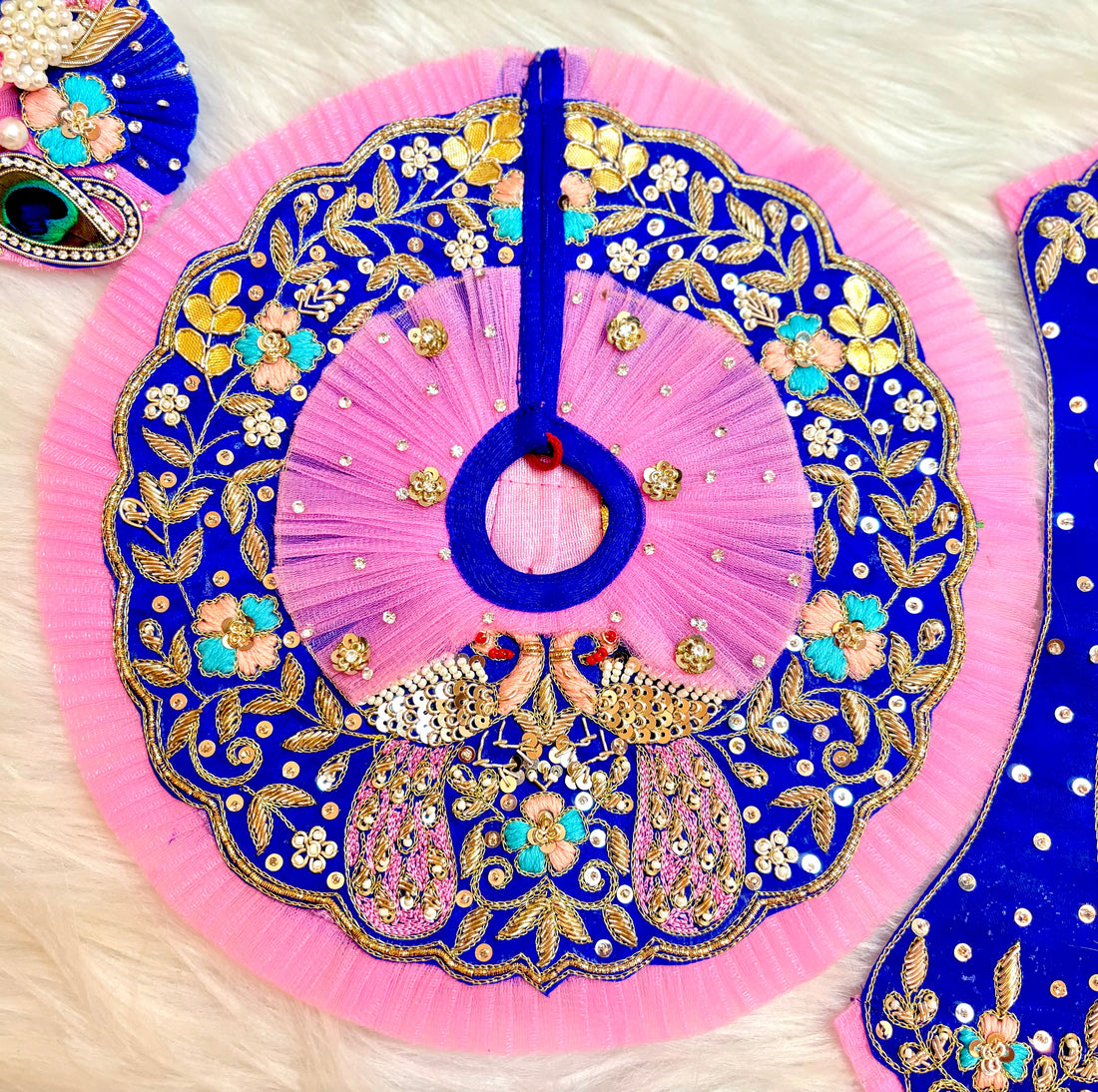 Luxe Handmade Blue & Pink Peacock Hand Embroidered Laddu Gopal Dress - 4 Piece Designer Poshak Set for Janmashtami, Bal Gopal & Krishna Ji