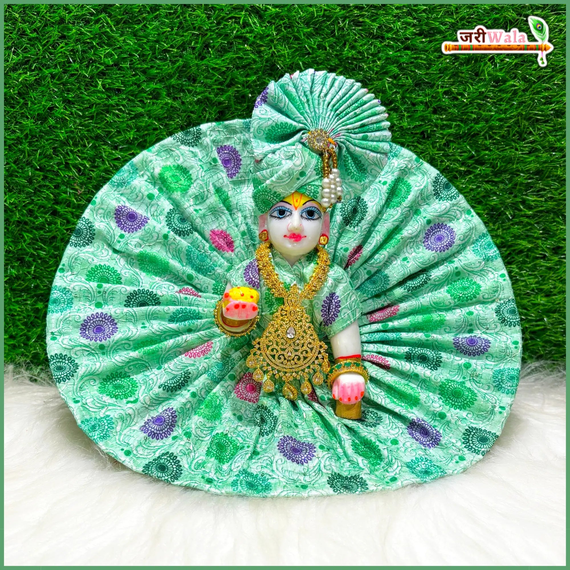 Handmade Sea Green Blended Cotton Laddu Gopal Dress with Pagdi | Designer Kanha Ji Poshak for Janmashtami | Fancy Bal Gopal Dress