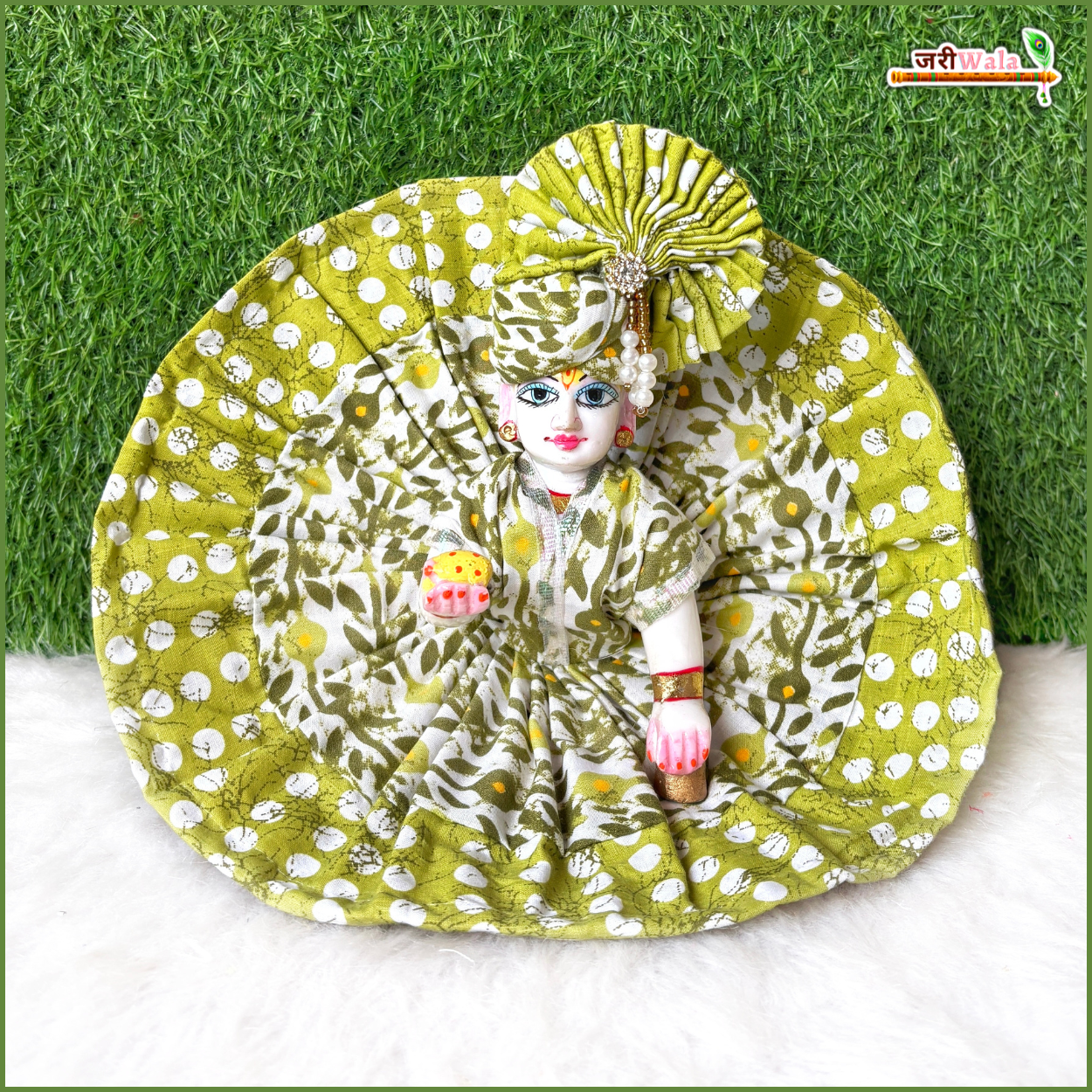 Handmade Olive Green Cotton Laddu Gopal Poshak with Pagdi - Designer Kanha Ji Dress for Janmashtami, Bal Gopal Fancy Dress