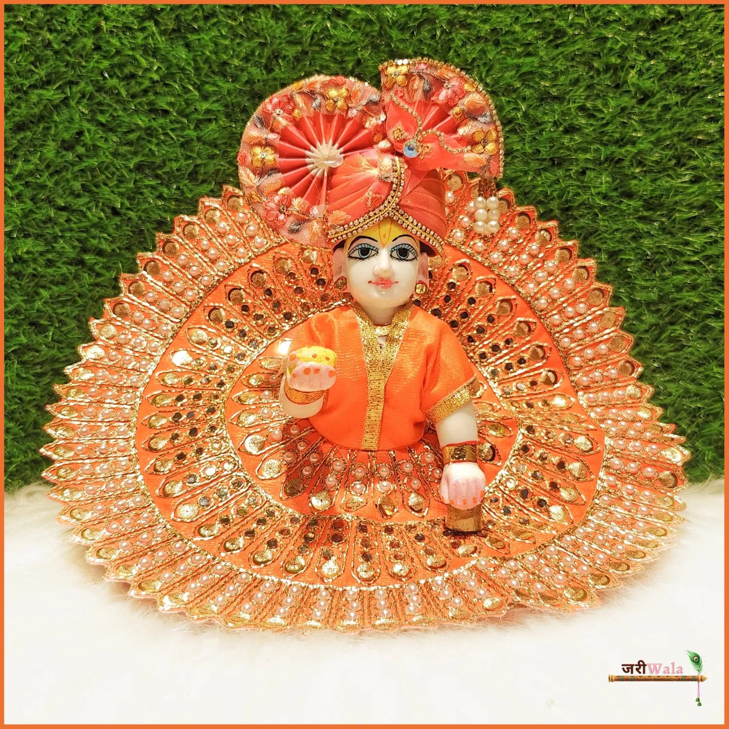 Handmade Blended Thread Orange Laddu Gopal Dress with Moti Sitara Work - Designer Kanha Ji Poshak for Janmashtami & Festivals