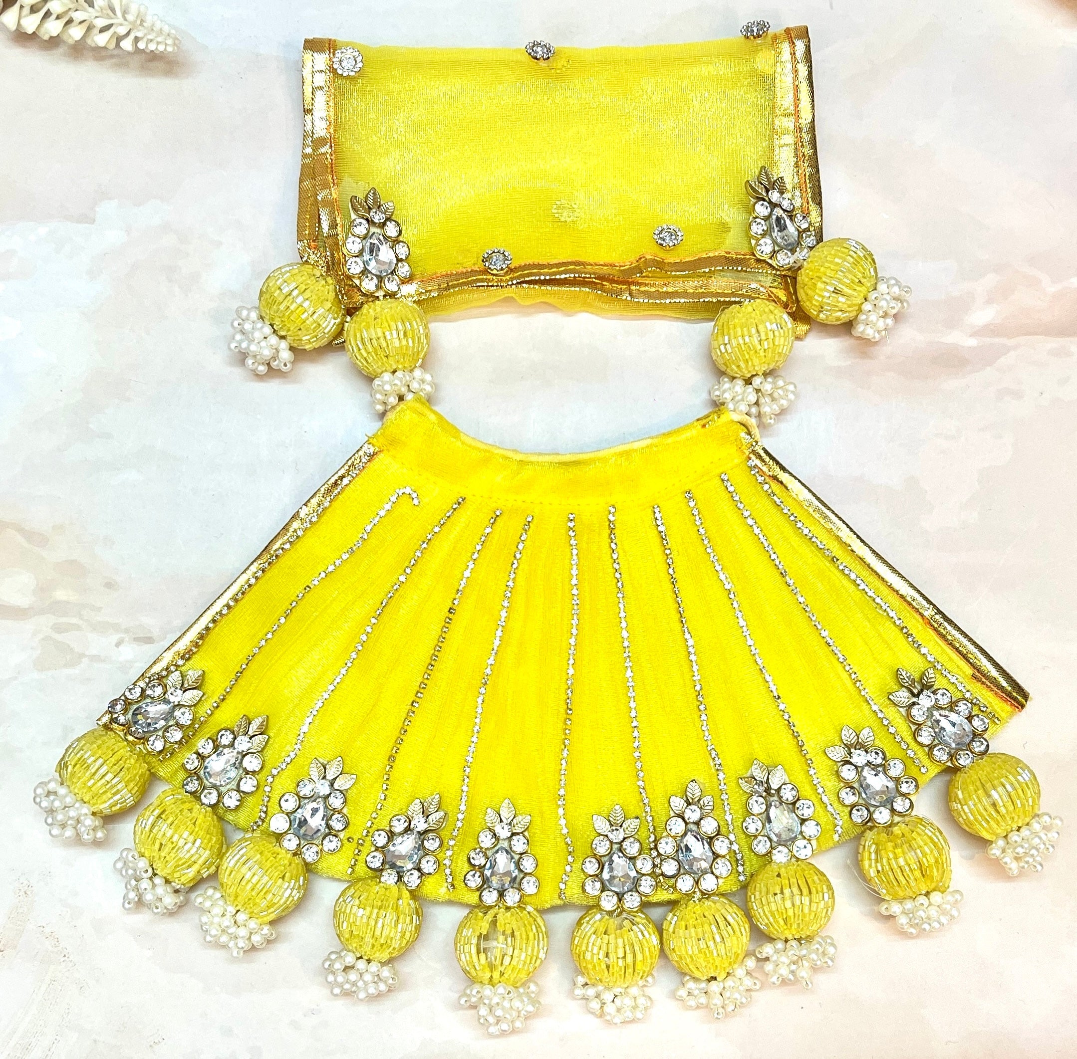 Handmade Yellow Lehenga & Dhoti Set for Laddu Gopal | Designer Kanha Ji Poshak | 7-Piece Bal Gopal Dress for Janmashtami Festival