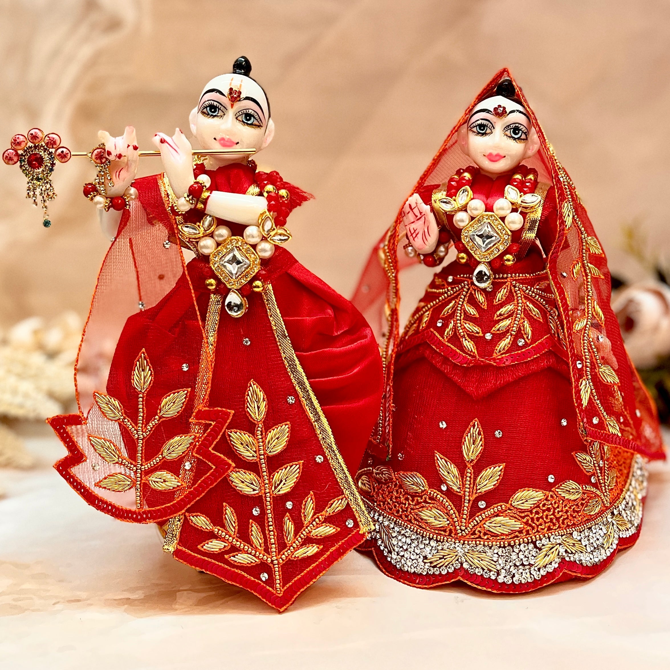 Designer Luxe Lehenga & Dhoti Set for Laddu Gopal - Golden Red Leaf Poshak for Kanha Ji, Bal Gopal & Krishna Ji - Perfect for Janmashtami Celebrations