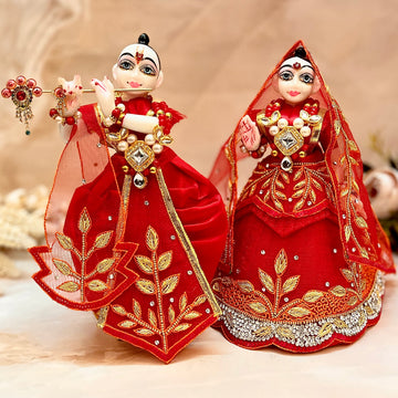 Designer Luxe Lehenga & Dhoti Set for Laddu Gopal - Golden Red Leaf Poshak for Kanha Ji, Bal Gopal & Krishna Ji - Perfect for Janmashtami Celebrations
