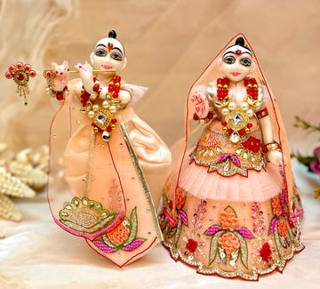 Designer Peach Lotus Lehenga & Dhoti Set for Laddu Gopal - 6 Piece Kanha Ji Poshak, Bal Gopal Dress for Janmashtami Festival - Handmade Fancy Outfit
