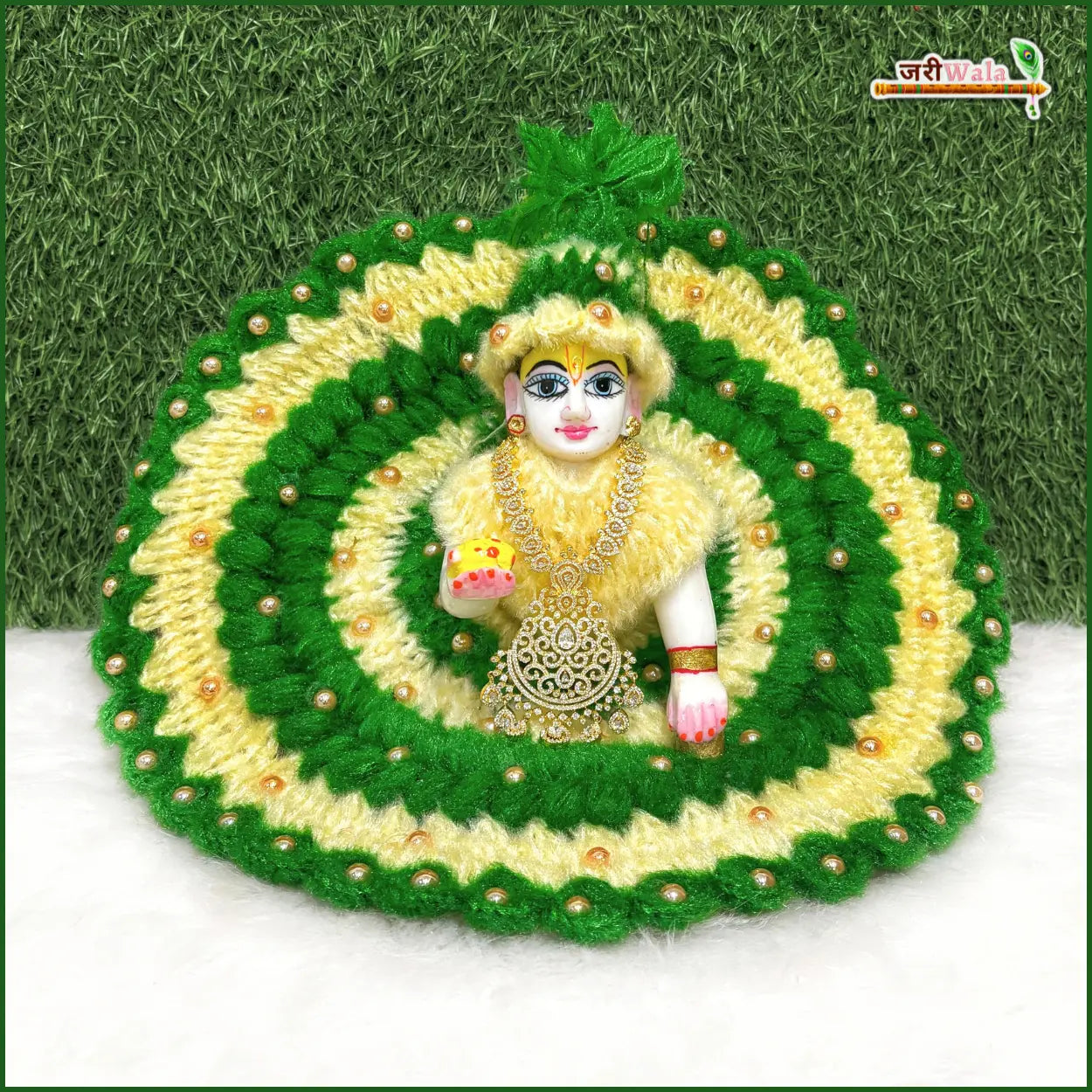 Handmade Woolen Fancy Green & Cream Laddu Gopal Dress | Designer Kanha Ji Poshak for Janmashtami | Bal Gopal & Krishna Ji Dress