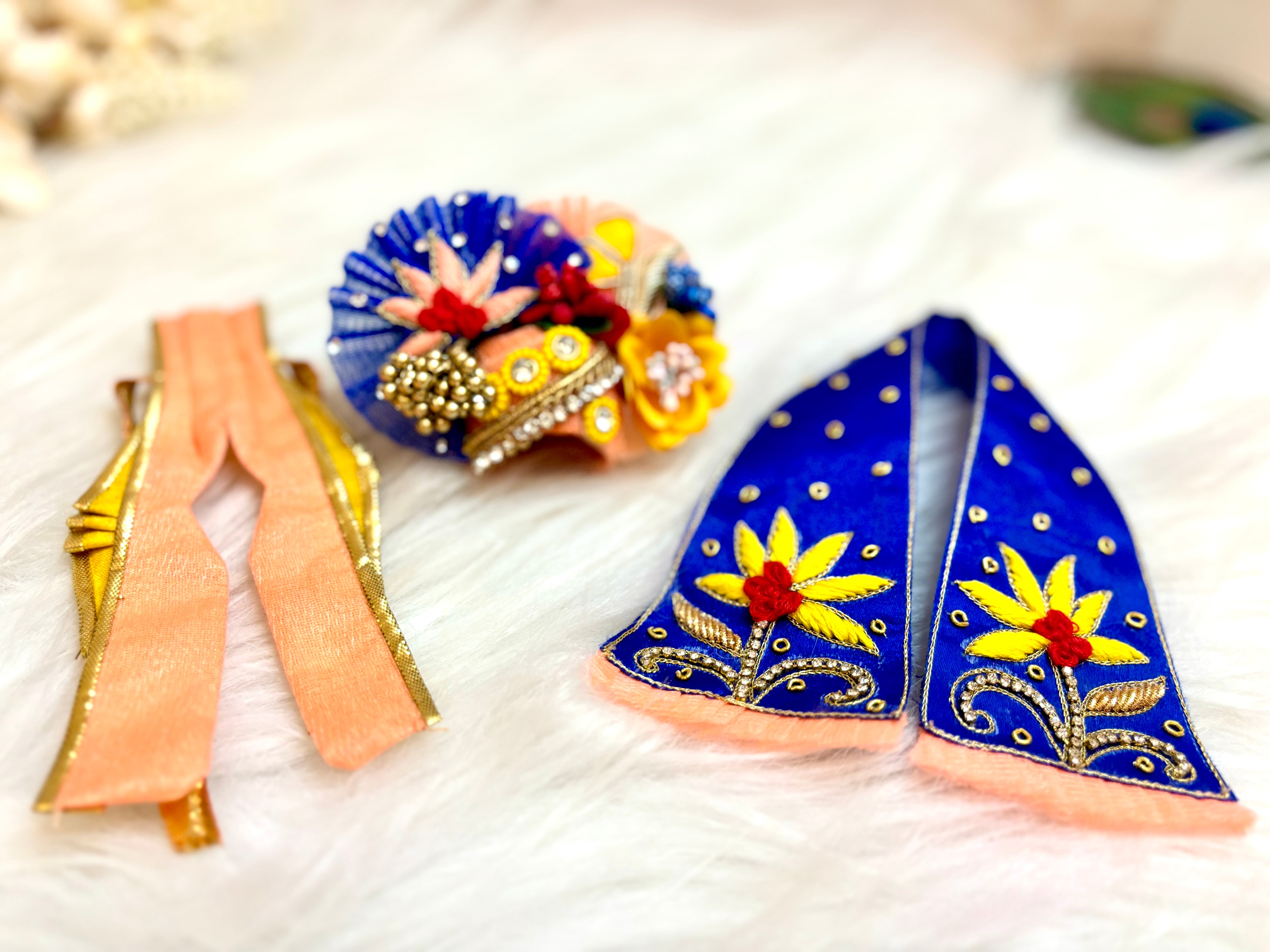 Handmade Luxe Haathi Godha Palki Blue & Peach Designer Laddu Gopal Dress Set - Fancy Kanha Ji Poshak for Janmashtami Celebration (4 Pieces)
