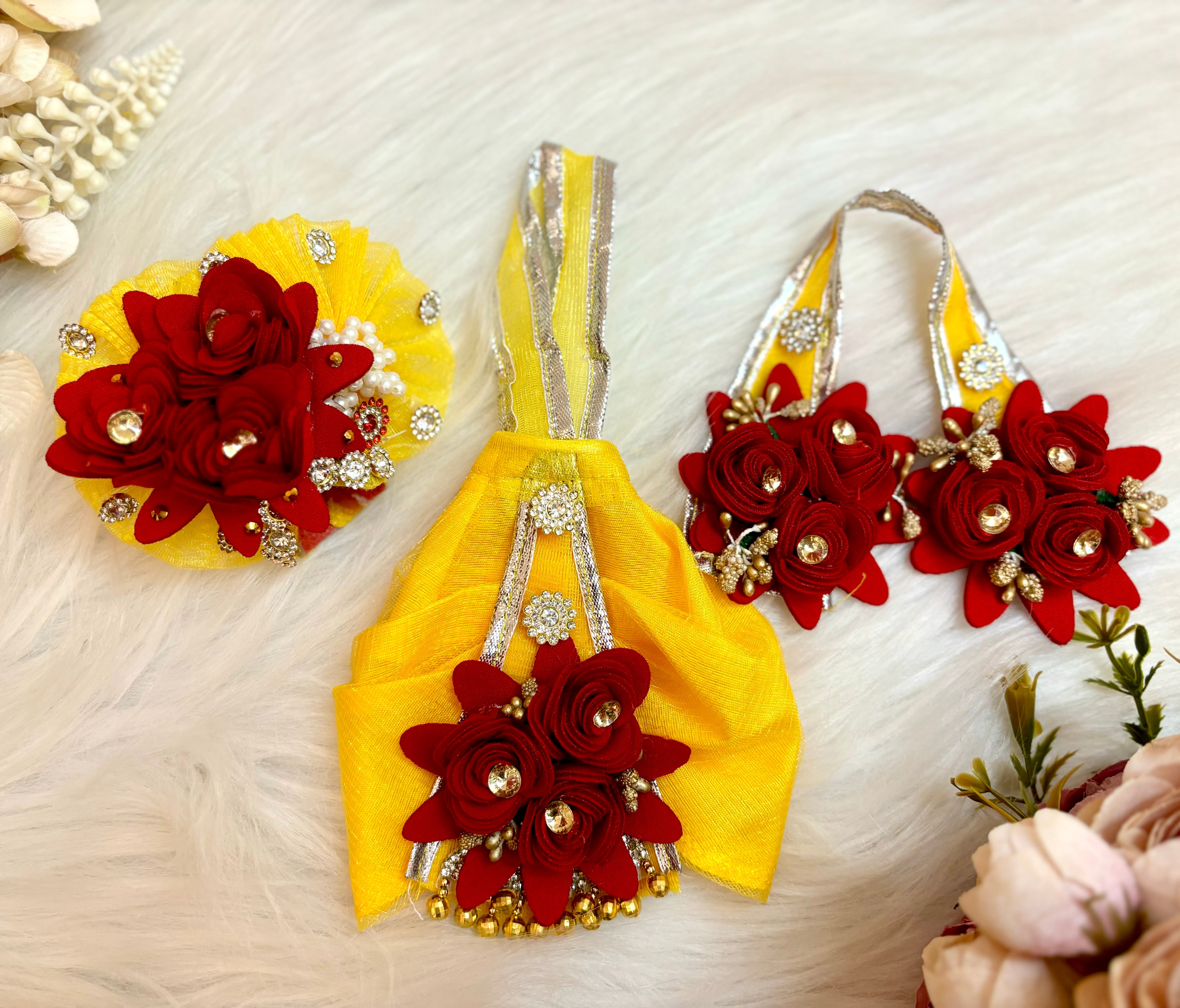Handmade Designer Yellow & Maroon Flower Lehenga & Dhoti Set for Laddu Gopal, Kanha Ji, Bal Gopal & Krishna Ji - 7 Piece Festival Dress for Janmashtami