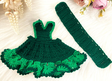 Handmade Green Woollen Mata Rani Lehenga Set with Choli & Patka - Designer Laddu Gopal Dress for Janmashtami, Kanha Ji Poshak, Bal Gopal Dress