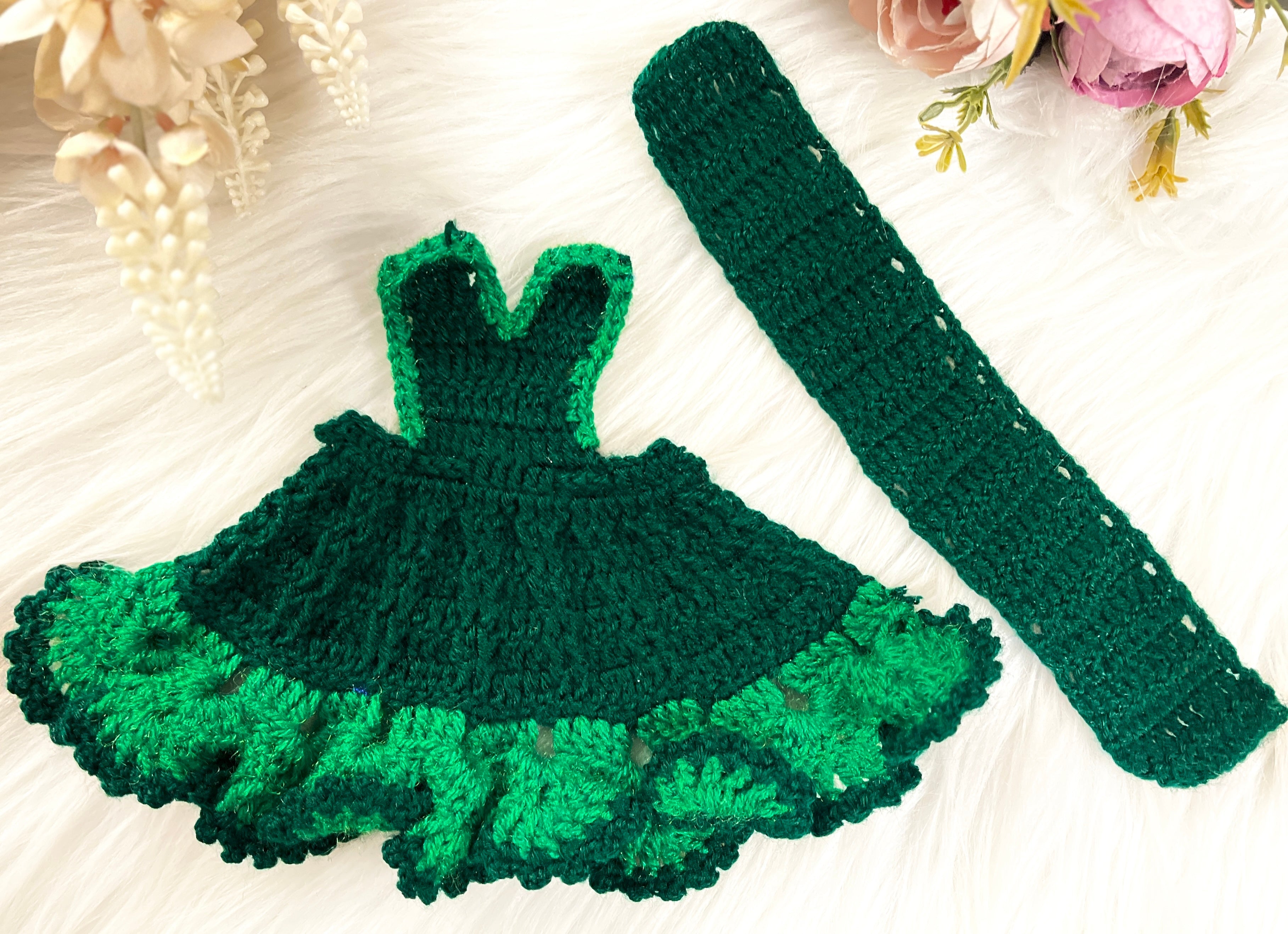 Handmade Green Woollen Mata Rani Lehenga Set with Choli & Patka - Designer Laddu Gopal Dress for Janmashtami, Kanha Ji Poshak, Bal Gopal Dress
