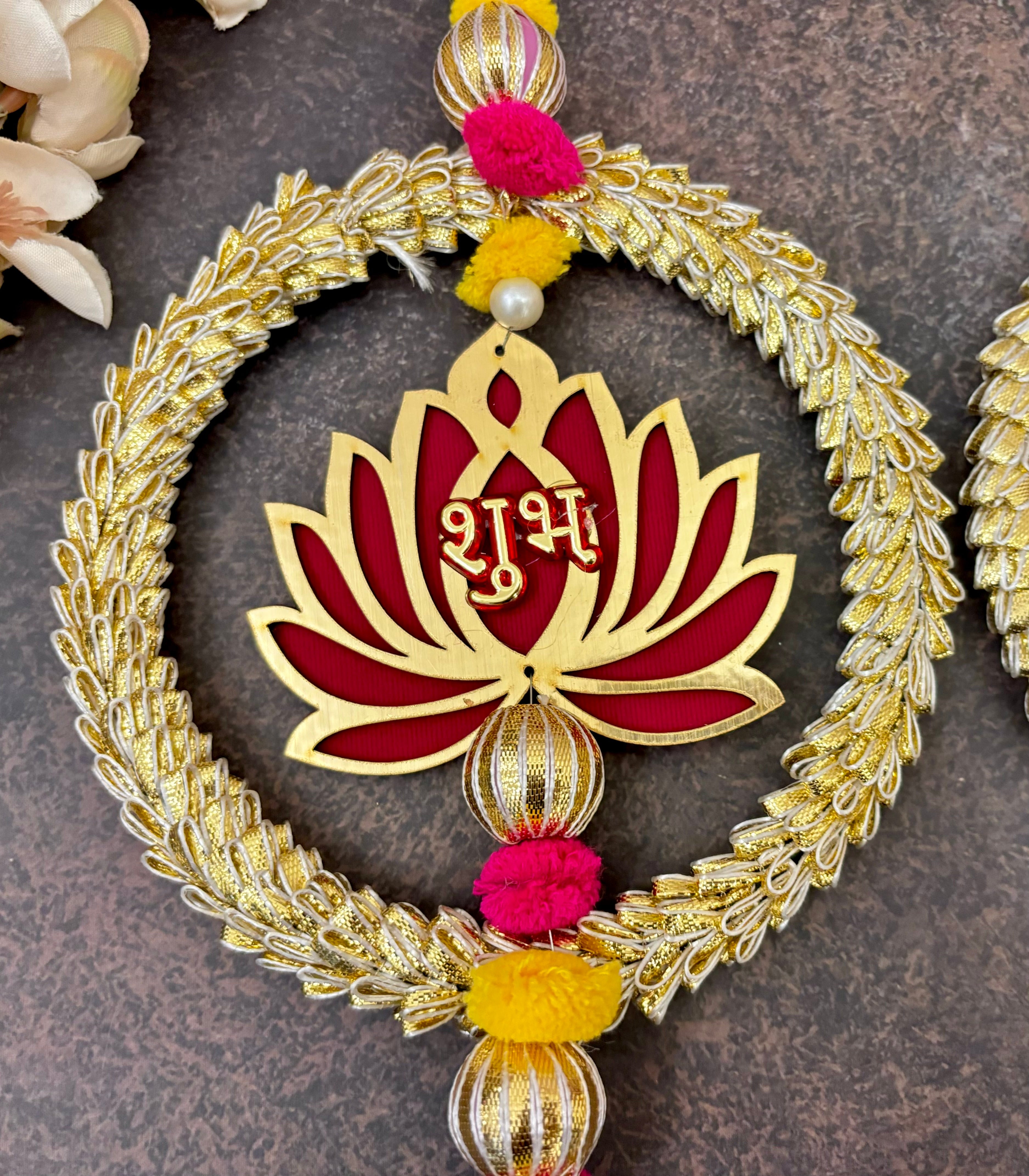 Handmade Pink Lotus Shubh Labh Hanging - Designer Laddu Gopal Dress, Kanha Ji Poshak, Bal Gopal Dress for Janmashtami Festival