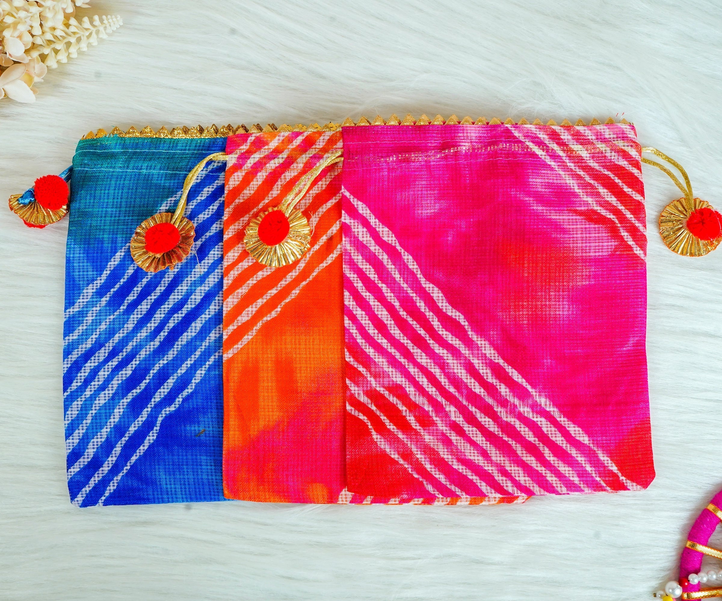 Handmade Leheriya Potli Bags (Pack of 10) - Multi-Color for Janmashtami, Perfect for Laddu Gopal Dress, Kanha Ji Poshak, and Bal Gopal Dress