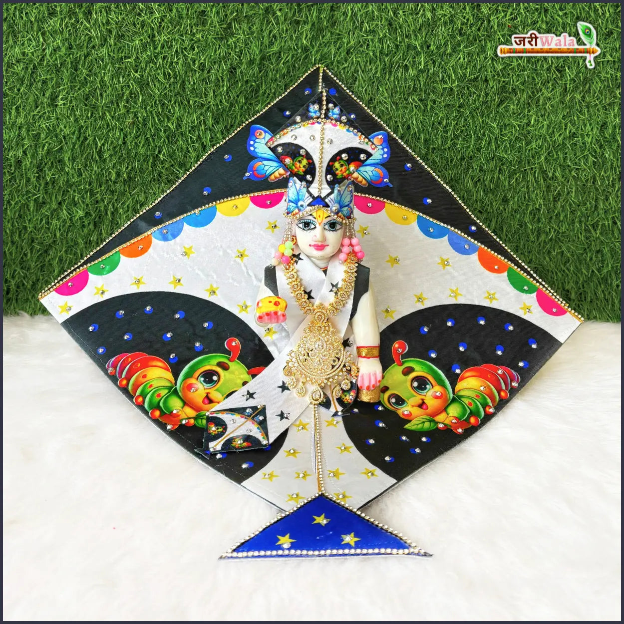 Handmade Blended Fancy Kite Digital Print Poshak for Laddu Gopal, Kanha Ji & Bal Gopal - Elegant Black Dress with Pagdi & Patka for Janmashtami