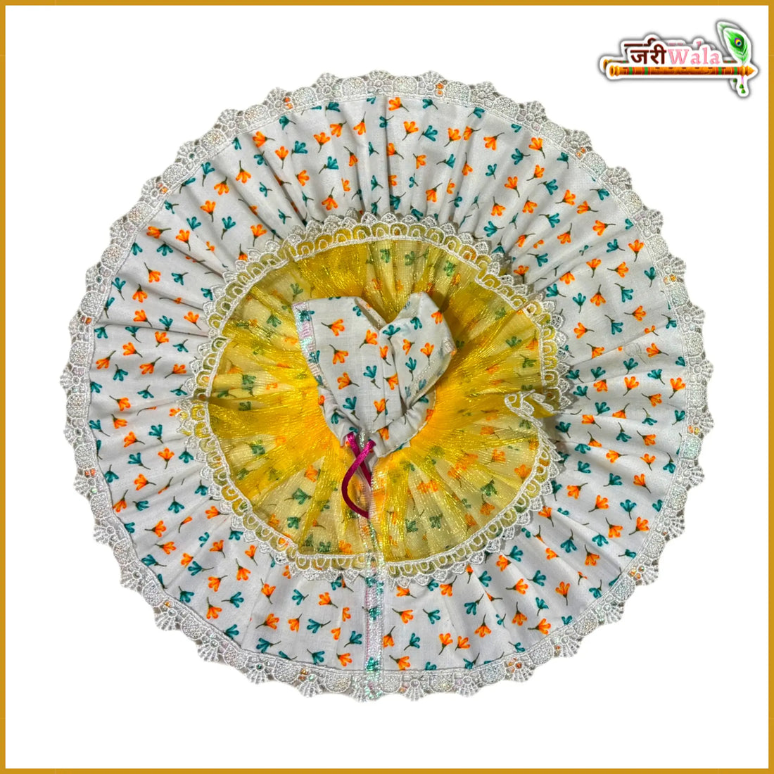 Handmade Designer Blended Floral Print Laddu Gopal Dress in White & Yellow - Perfect for Janmashtami, Bal Gopal Poshak & Krishna Ji Dress