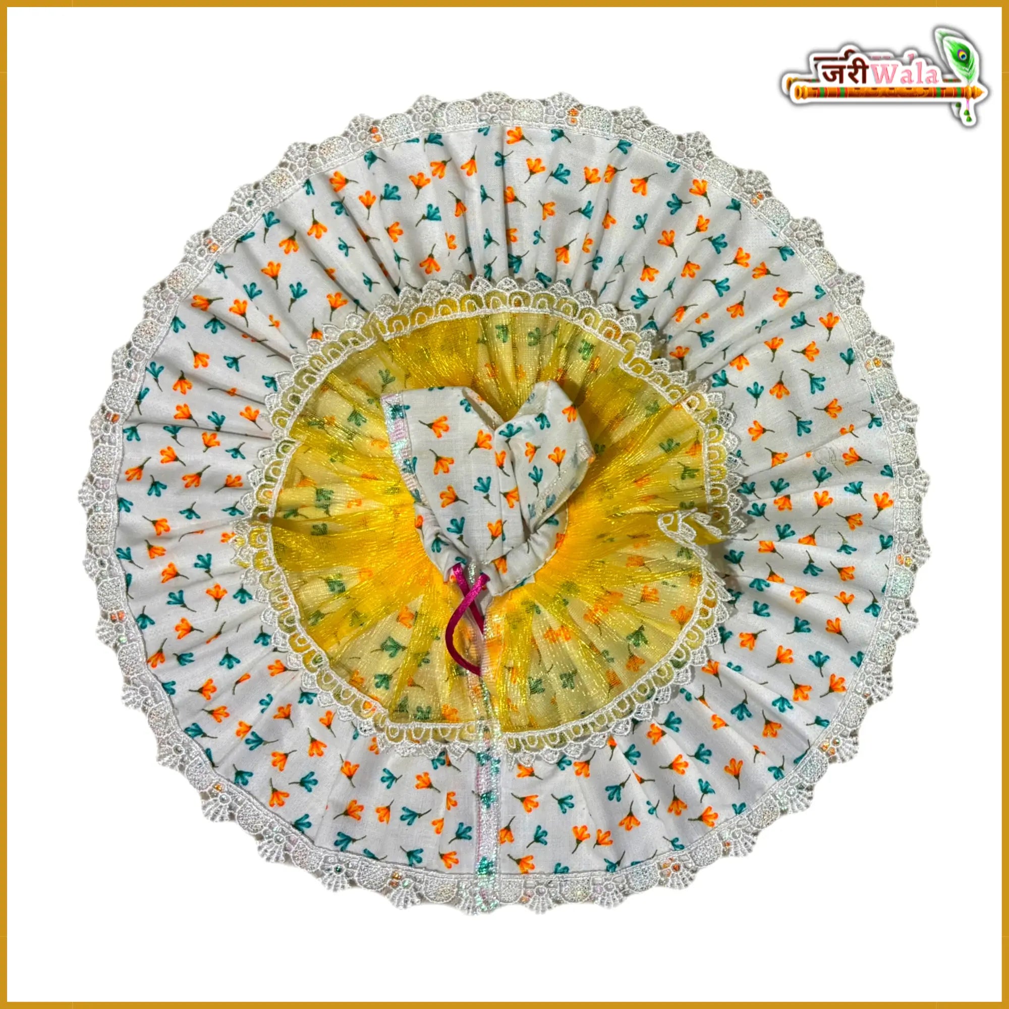 Handmade Designer Blended Floral Print Laddu Gopal Dress in White & Yellow - Perfect for Janmashtami, Bal Gopal Poshak & Krishna Ji Dress
