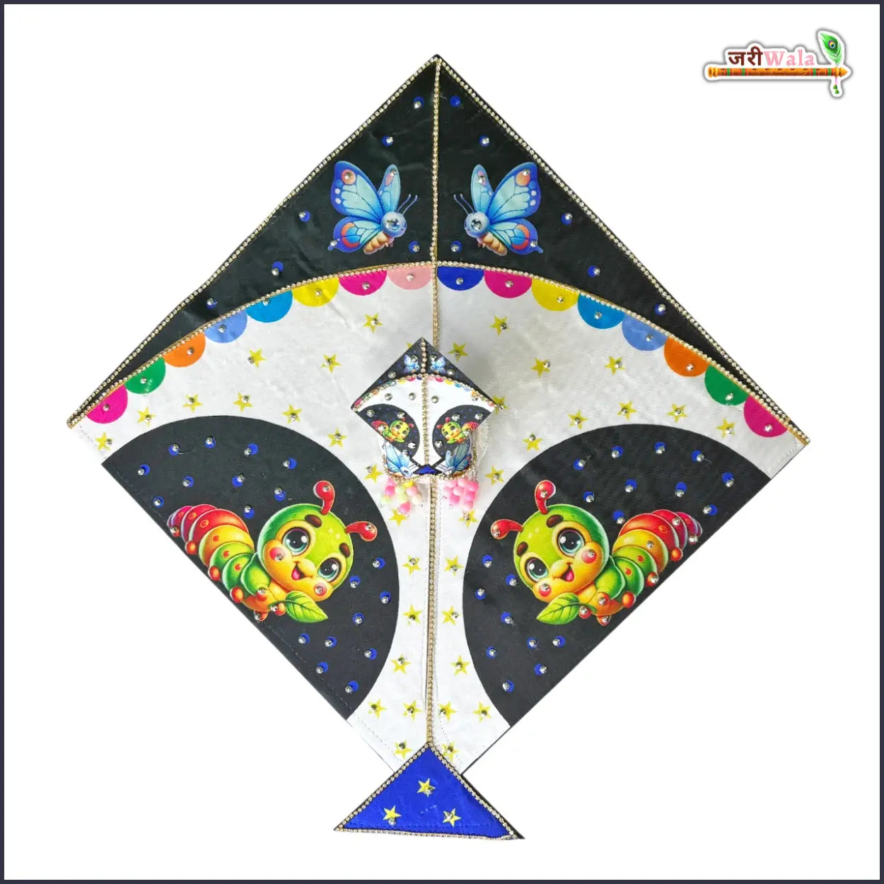Handmade Blended Fancy Kite Digital Print Poshak for Laddu Gopal, Kanha Ji & Bal Gopal - Elegant Black Dress with Pagdi & Patka for Janmashtami