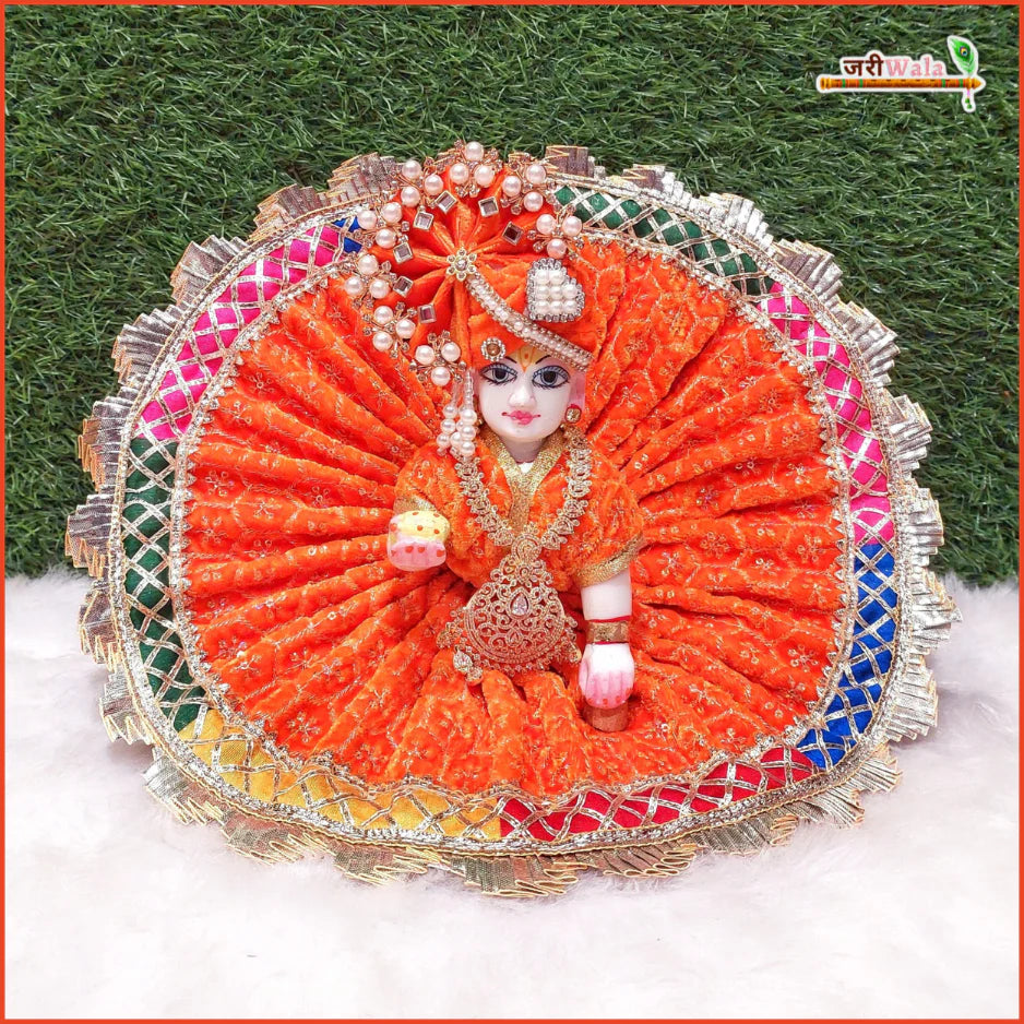 Handmade Designer Orange Laddu Gopal Dress with Sitara Lace Work - Fancy Poshak for Janmashtami, Perfect for Kanha Ji & Bal Gopal Celebrations