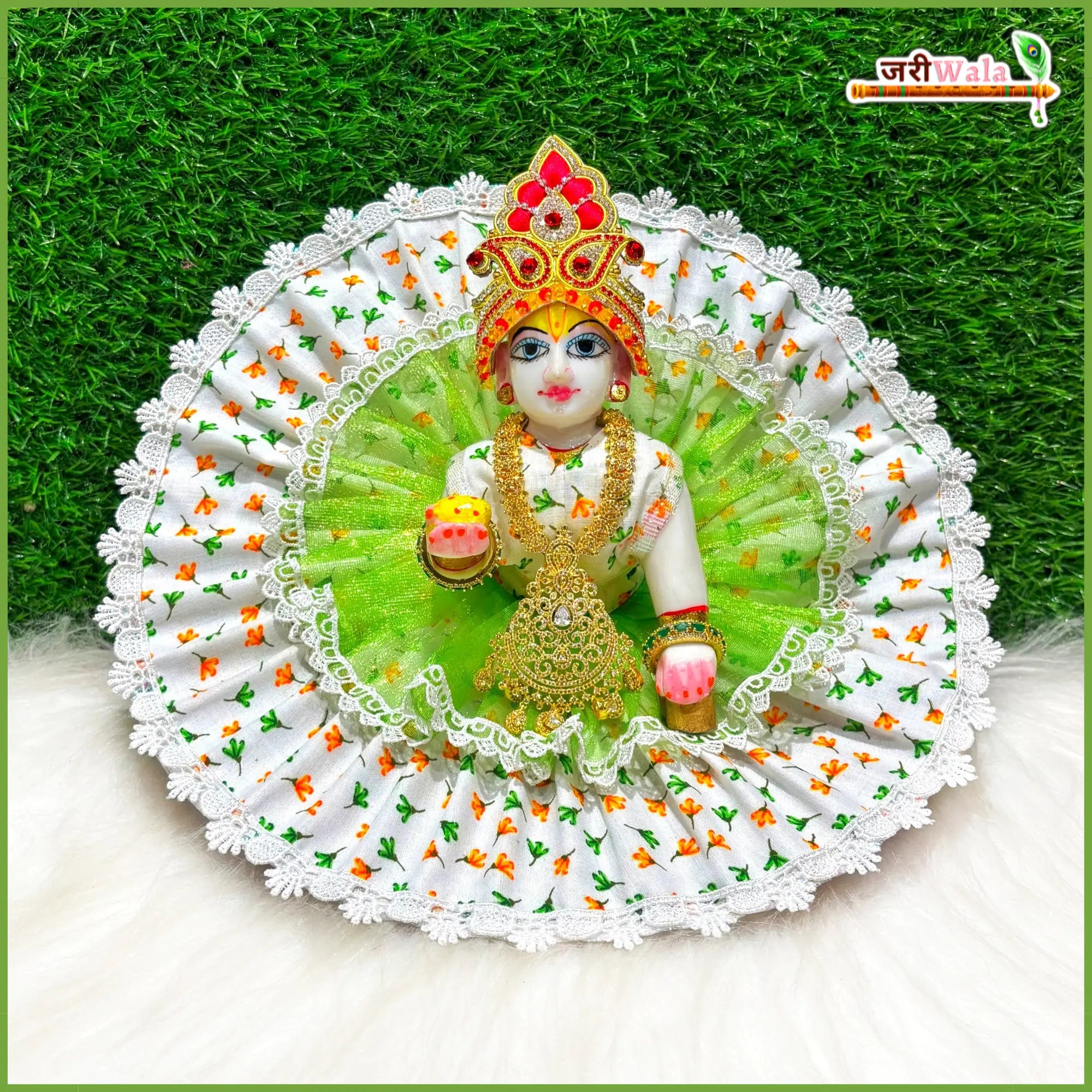 Handmade Blended Floral Print White & Green Laddu Gopal Poshak - Designer Kanha Ji Dress for Janmashtami, Fancy Bal Gopal Dress, Krishna Ji Poshak