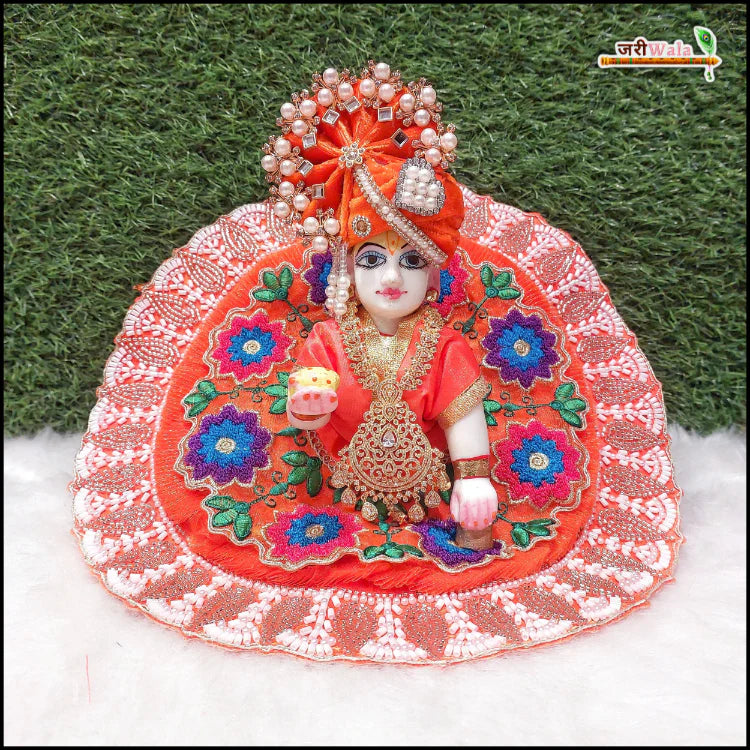 Handmade Blended Cotton Orange Laddu Gopal Dress with Frill & Moti Cutdana Thread Work | Designer Kanha Ji Poshak for Janmashtami & Festivals