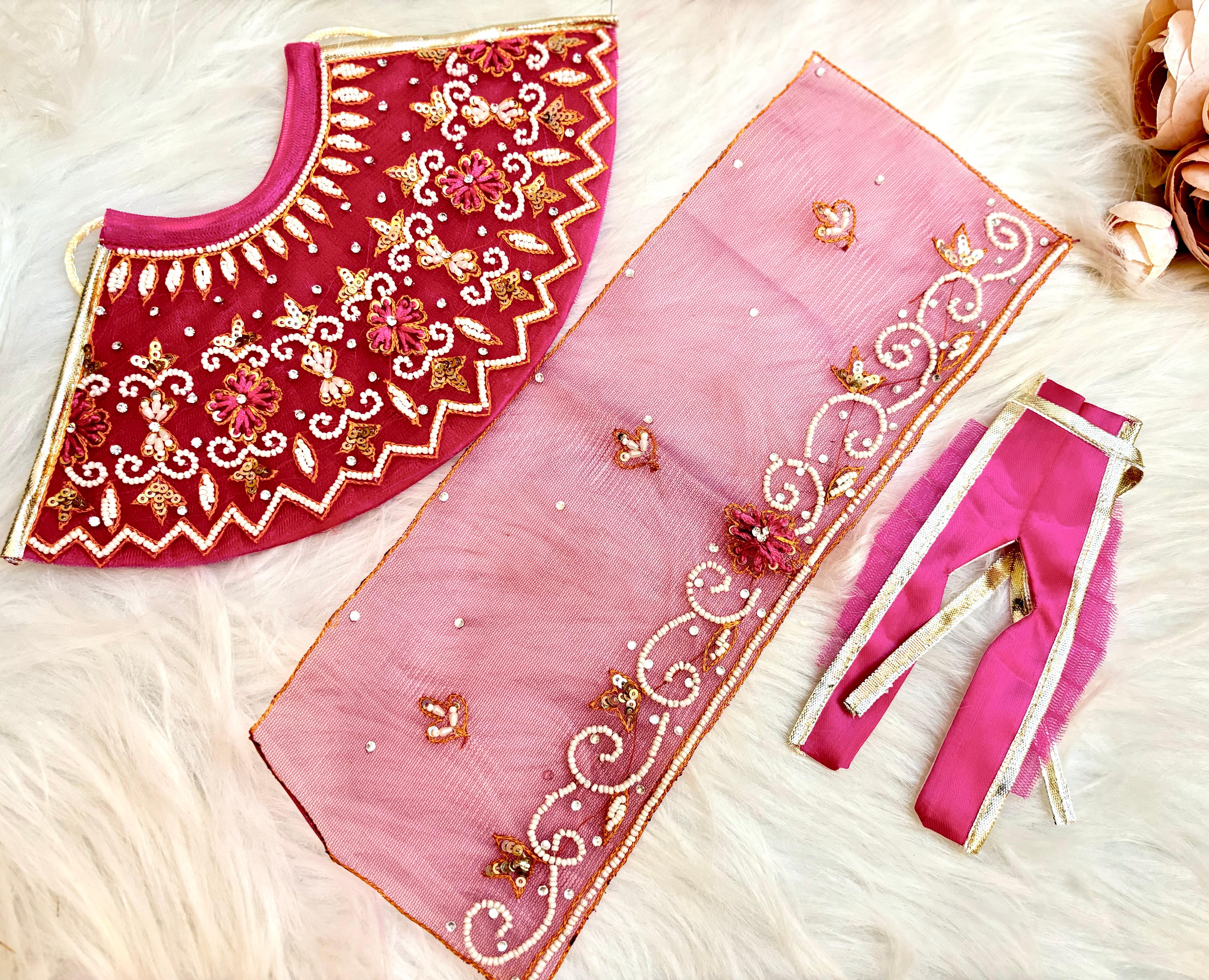 Handmade Luxe Magenta Pearl Lehenga & Dhoti Set - 6 Piece Designer Dress for Laddu Gopal, Kanha Ji, Bal Gopal & Krishna Ji - Perfect for Janmashtami Festival