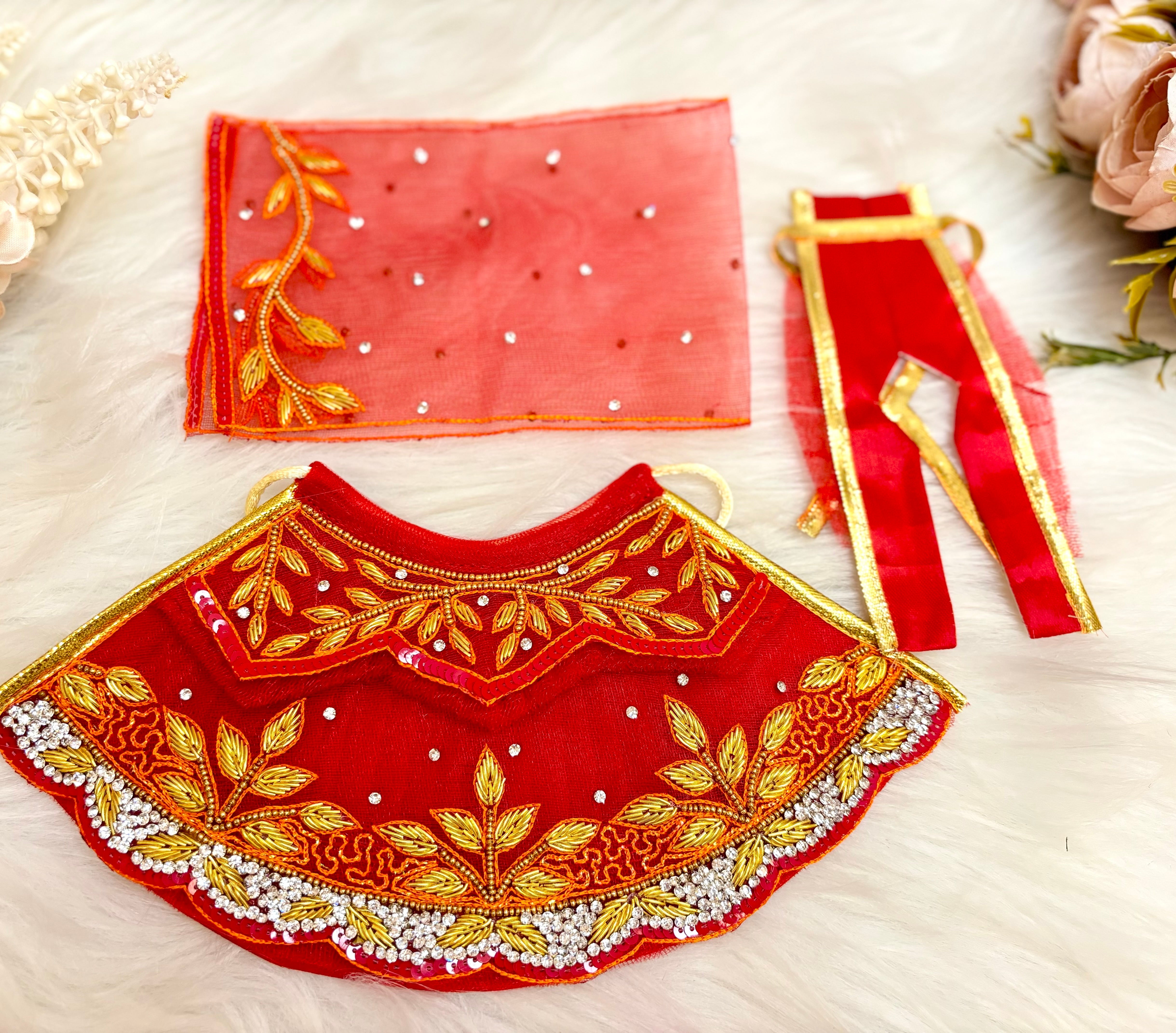 Designer Luxe Lehenga & Dhoti Set for Laddu Gopal - Golden Red Leaf Poshak for Kanha Ji, Bal Gopal & Krishna Ji - Perfect for Janmashtami Celebrations